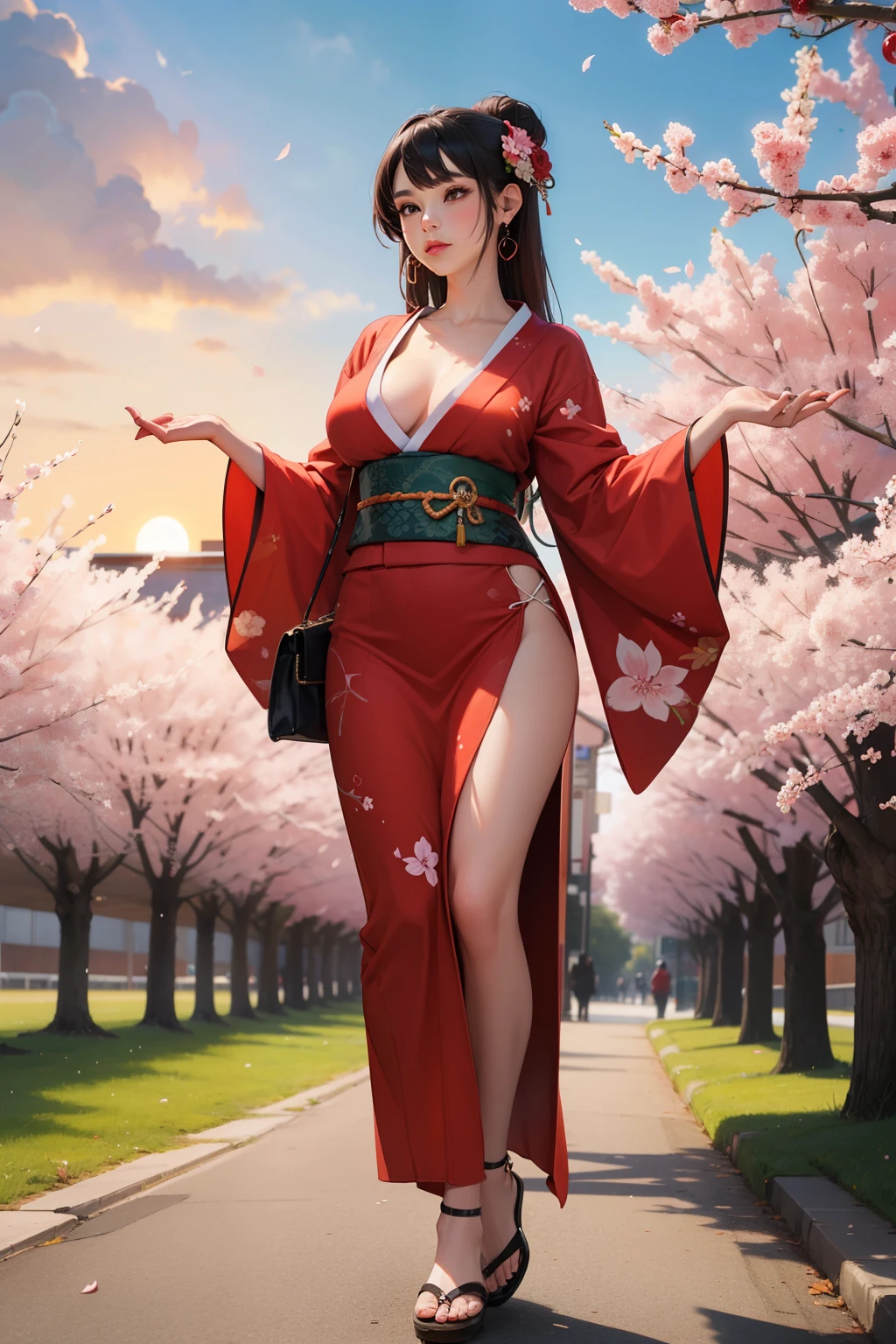 A woman dressed in a kimono stands beneath blooming cherry blossoms, while the sunset sky is painted with shades of orange and red, beautiful woman with big breast, fullbody picture