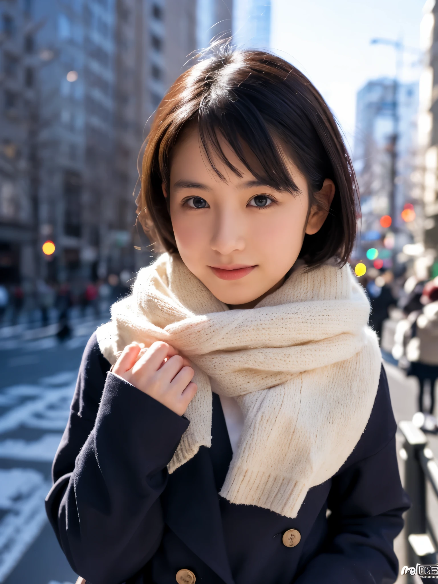 photorealistic, 8K, Full body pinup poster from head to foot, Beautiful woman, attractive look, short hair, , Tokyo, 2023 winter clothing, Shibuya in the background