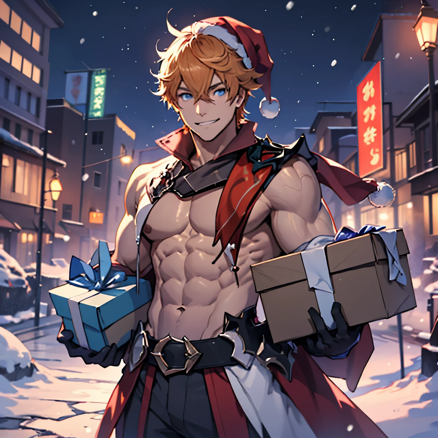 (extremely detailed, 8k wallpaper, masterpiece, best quality, ultra-detailed), (best illumination, best shadow), prefect face, dynamic pose, dynamic angle, 
((1boy)), solo, face, upperbody, male focus, tartaglia \(genshin impact\),
(santa hat:1.4), (carrying bags over shoulder:1.4), (holding large present boxes:1.2), smile, looking away, (detailed eyes:1.4), 
gorgeous, gloves, orange hair, (weapon:0),  blue eyes, black gloves, (mask on head:0), holding, shirtless, topless, muscle, scarf, red scarf, bangs, (holding weapon:0), muscular, abs, pectoral muscles
detailed background, liyue-kozue, scenery, night, outdoor, building, sea, bridge, mountain, (snow:1),