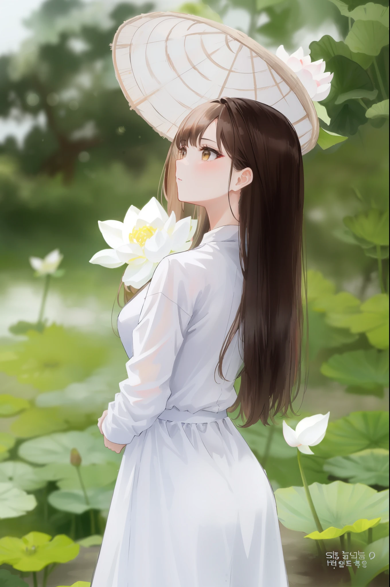 a woman in a white dress and hat holding a white flower, ao dai, (brown long hair swept bangs:1.3), vietnamese woman, a beautiful woman in white, beautiful asian girl, standing gracefully upon a lotus, beautiful asian woman, mai anh tran, lovely woman, beautiful south korean woman, an asian woman, asian girl with long hair, asian woman, asian women, with a long white