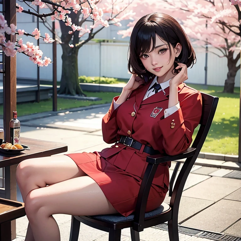 retro pictures, 1960s , AGFA, Kodak, 1 girl, portrait, looking for_in_viewer, smile, Japan, Tokyo, Cherry Blossom, octane rendering, 一人in, rtrophto1, Sit on a chair and open legs, uniform, muste piece, 8k, detailed details