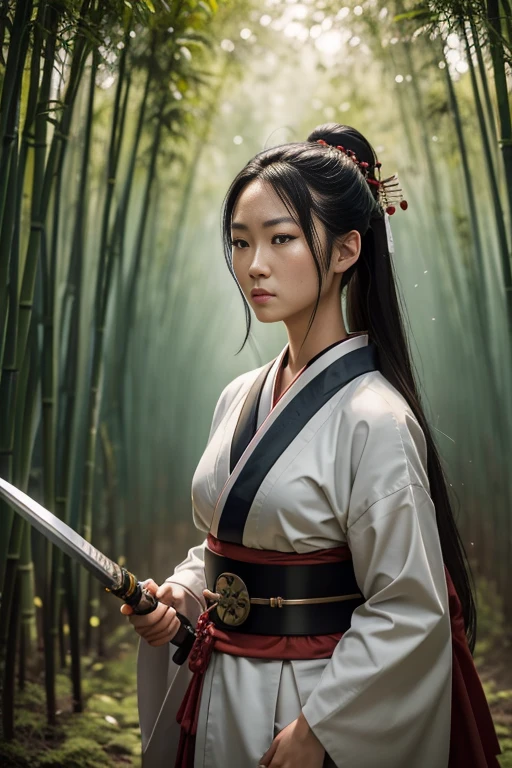 (Ultra Realistic), highly detailed, Raw photo, masterpiece,best quality,cinematic lighting,natural shadow,highest detail,professional photography,detailed background,depth of field,insane details,intricate,aesthetic,subsurface scattering,dynamic angle,A young and cute swordswoman in white Han costume stands in the water, She waved her sword,Doing very cool moves, The water in the gourd overflowed, water droplets, sparkling, bamboo forest, river, Bamboo leaves fall, Chasing the light, animation style images, CG animation, Fantasy artwork,lower style
