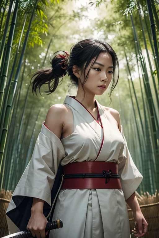 Raw photo of one female samurai, standing in a fighting stance, with a sword drawn from a scabbard in her hands, ready for battle, in full samurai attire (kimono) (wind in a bamboo forest), (the wind lifted the leaves up), a cut on her shoulder ( high skin detail: 1.2), 8k uhd, SLR camera, soft lighting, high quality, film grain, Fujifilm XT3