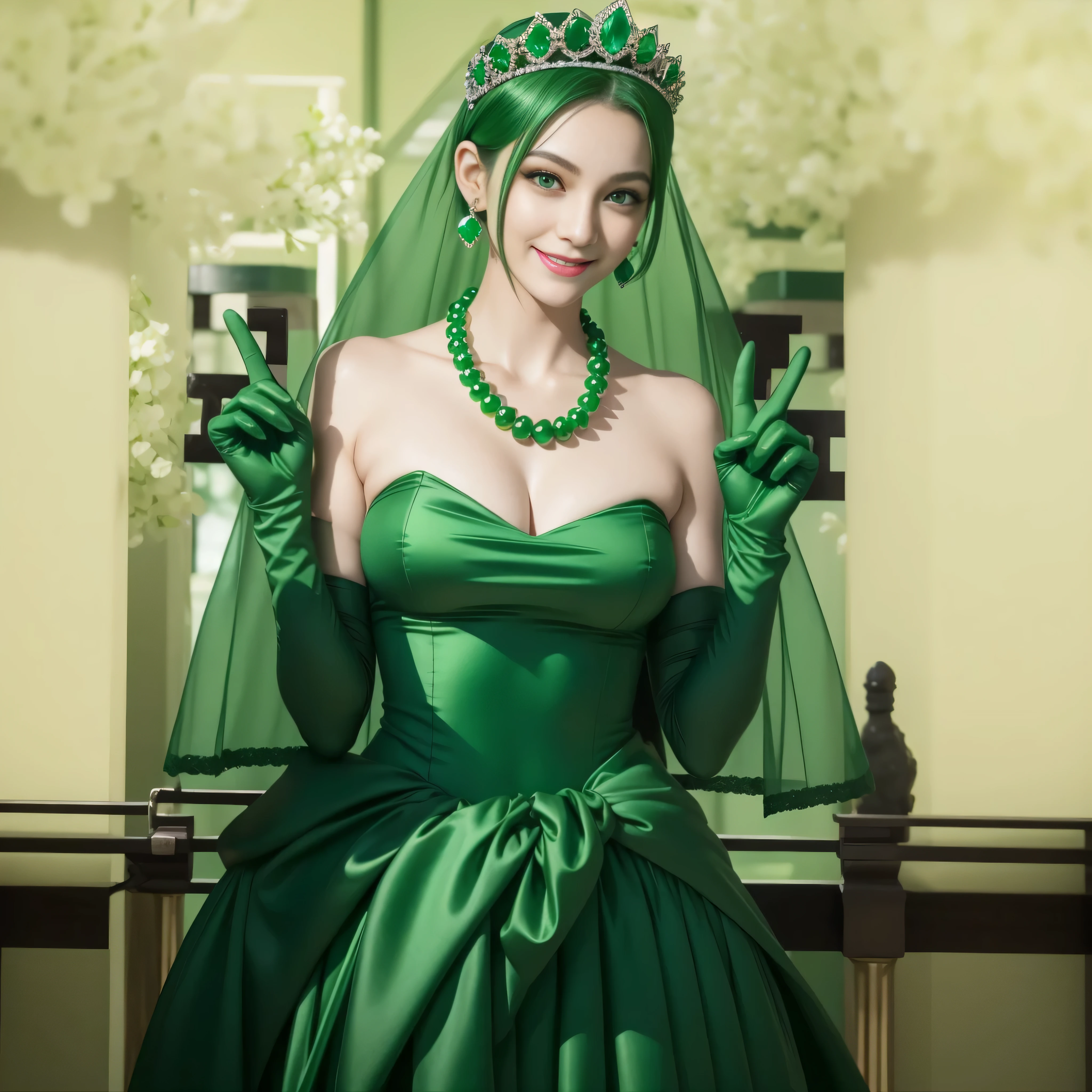 emerald tiara, green pearl necklace, boyish very short green hair, lipstick, smiling Japanese woman, very short hair, big breasts beautiful, green eyes, Long green satin gloves, green eyes, V sign, emerald earrings, green veil
