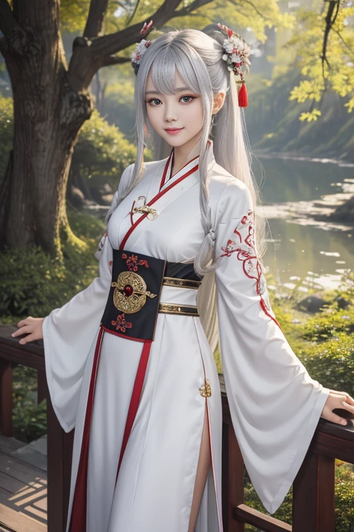 masterpiece, best quality, 1girl, solo, long hair, looking at viewer, smile, bangs, hair ornament, red eyes, long sleeves, dress, standing, collarbone, white hair, grey hair, alternate costume, wide sleeves, tree, chinese clothes, hairpin, hanfu, ningguang (genshin impact), Ningguang,  