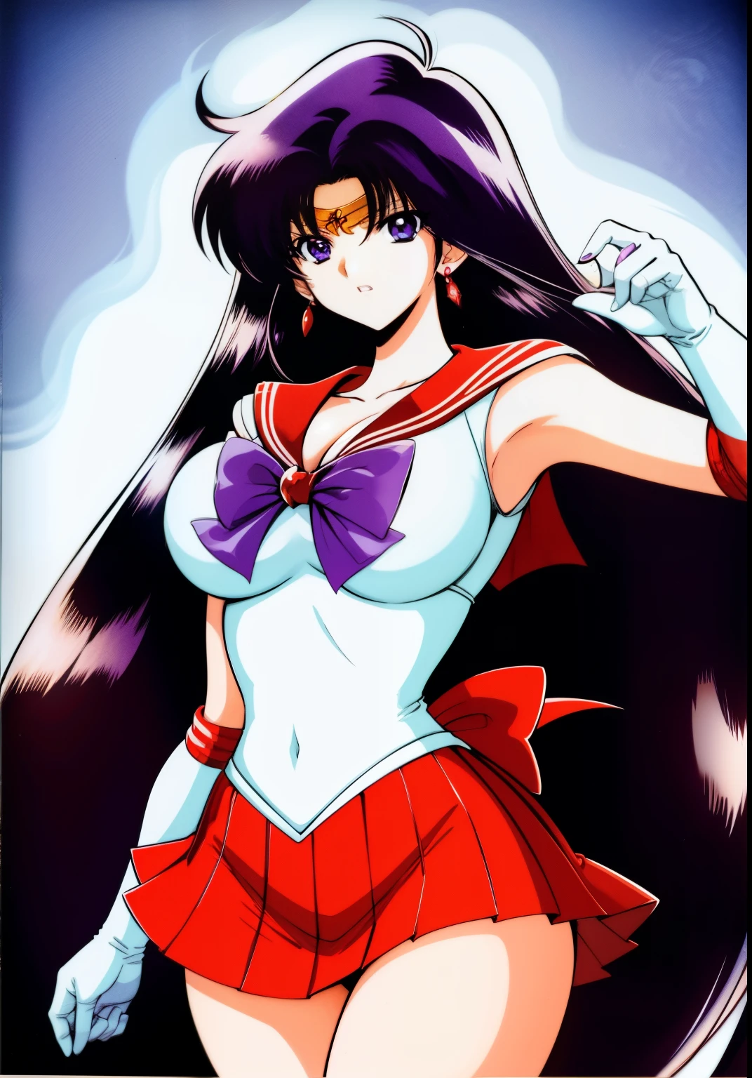 1990s \(style\), 1990s anime cels style, best quality, high resolution, (big eyes, looking away:1.2), 1girl, (huge breasts:1.2), long hair, blue eyes, purple hair, cowboy shot, sm1, sailor senshi uniform, red sailor collar, red choker, red pleated skirt, circlet, jewelry, crescent earring, purple bow tie, white gloves, elbow bloves, space