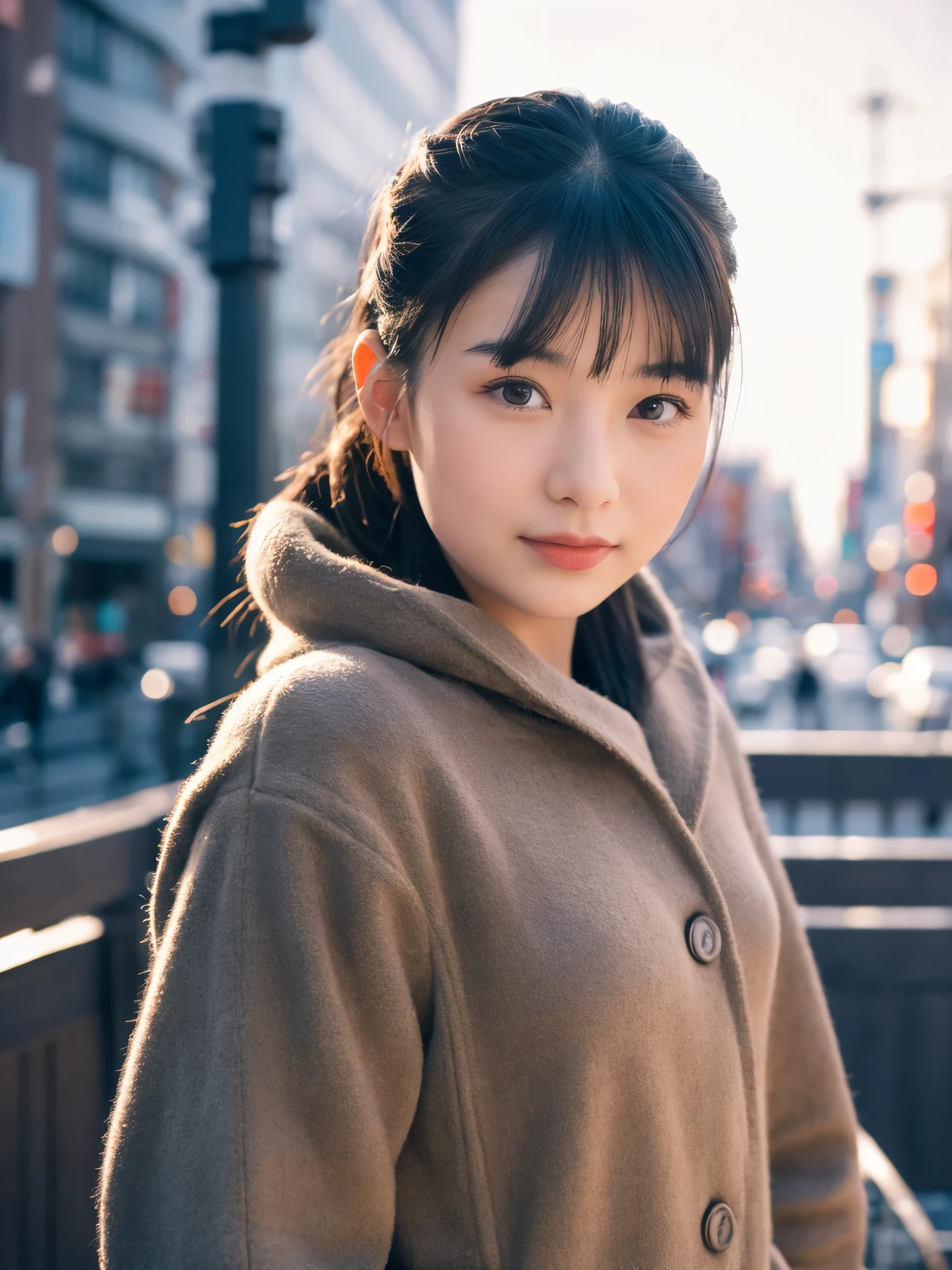 photorealistic, 8K, Full body pinup poster from head to foot, Beautiful woman, attractive look, Hair style is ponytail, , Tokyo, 2023, winter clothing, Shibuya in the background