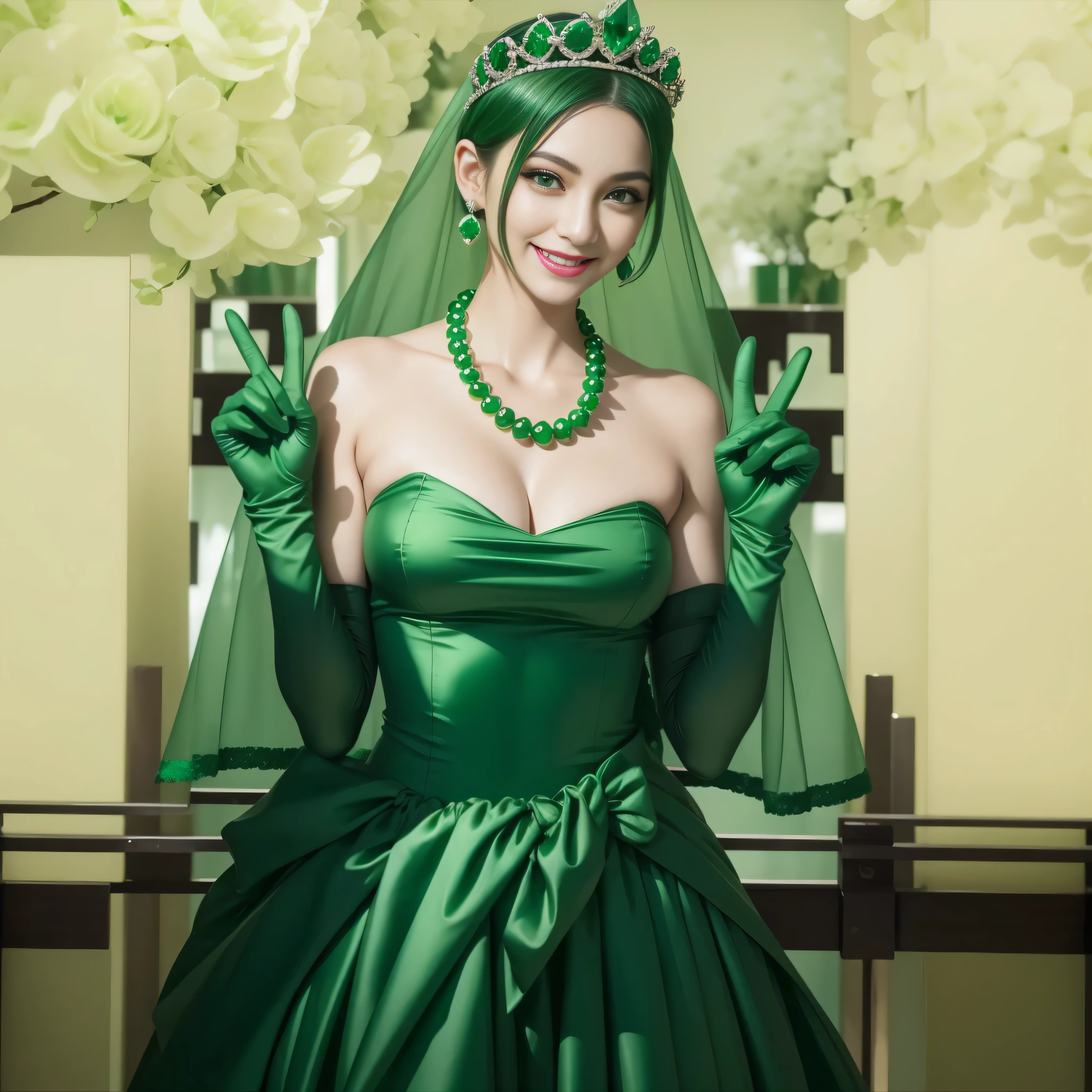 emerald tiara, green pearl necklace, boyish very short green hair, lipstick, smiling Japanese woman, very short hair, big breasts beautiful, green eyes, Long green satin gloves, green eyes, V sign, emerald earrings, green veil