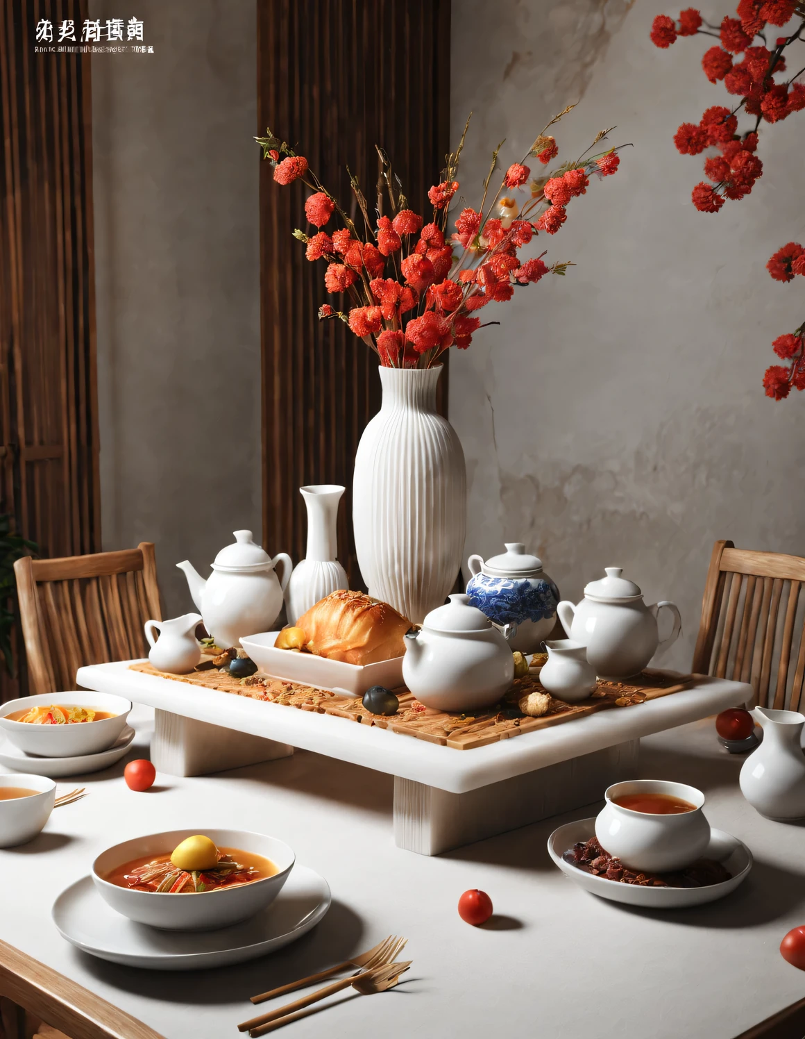 scenography，（用南瓜sculpture的山河花鸟和牡丹的sculpture），中国dining table上的食品，3d rendering，32k，HD，console， cutting，sculpture，background：，dining table，soft light，