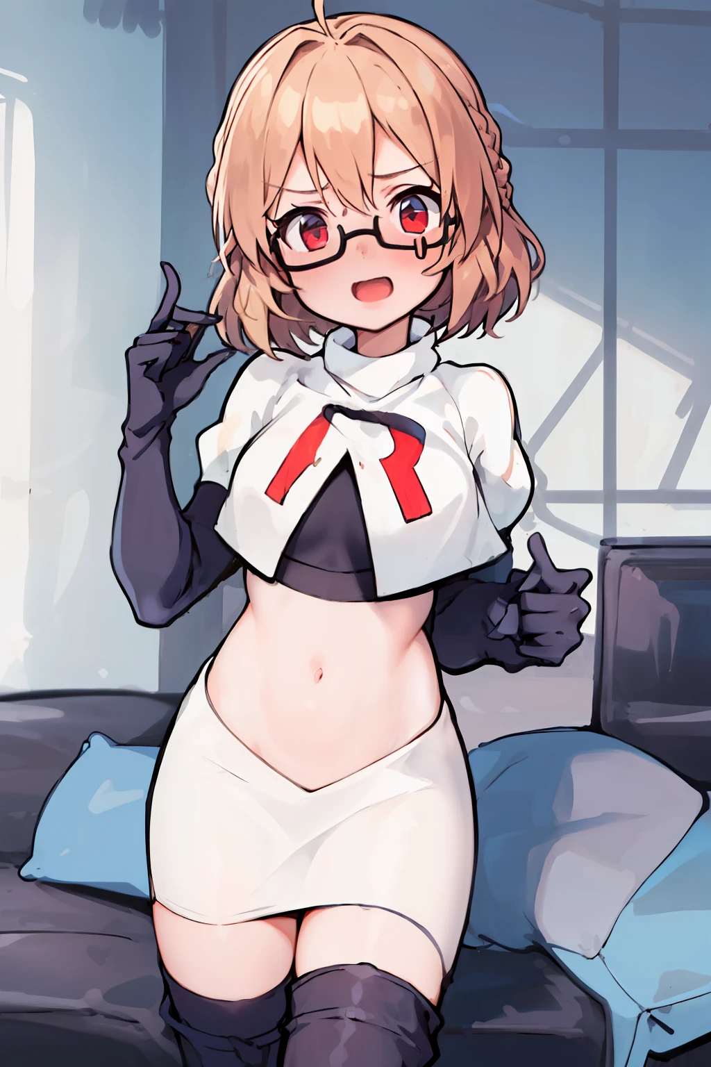 masterpiece, 1girl, kotori \(blue archive\), braid, glasses, blush, best quality, highly detailed, team rocket,team rocket uniform, red letter R, white skirt,white crop top,black thigh-highs, black elbow gloves,