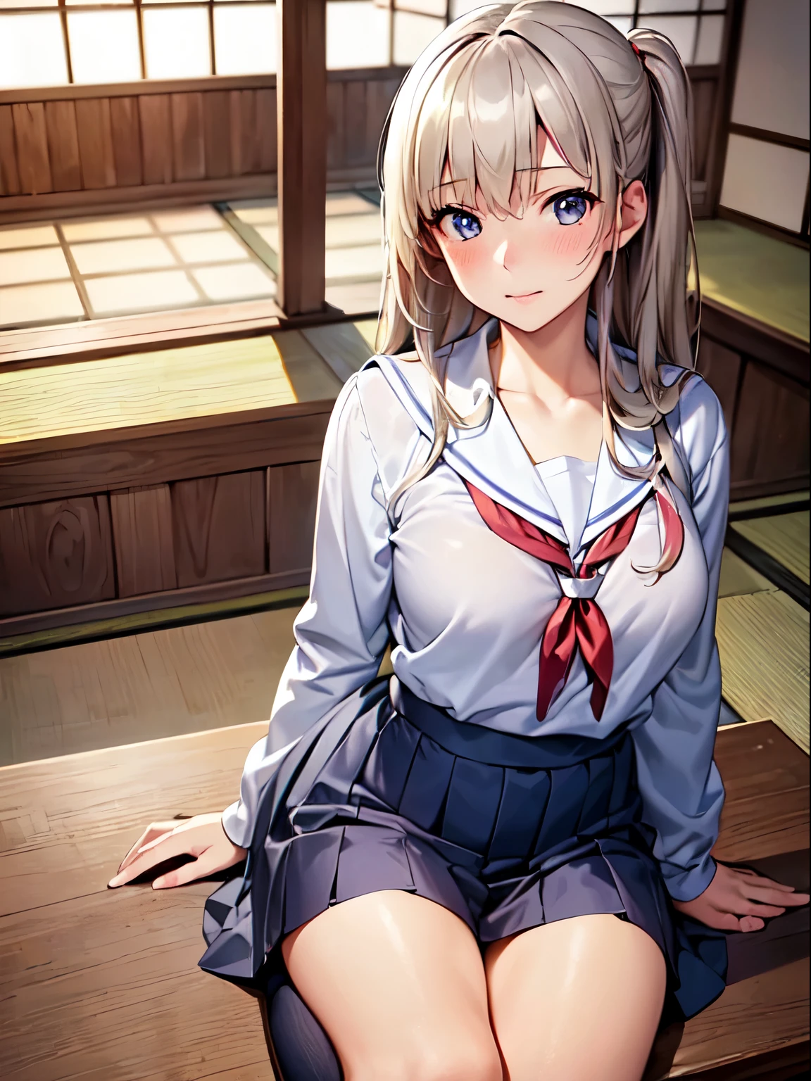 (highest quality,High resolution,table top:1.2),super detailed,(realistic,realistic,Photoreal:1.37),game CG,1 girl, a five years girl, silver hair, (half up:1.1), big breasts, (japanese school uniform:1.5), Eye and face details, blush, cool look, soft lighting, whole body angle, athletics stadium.