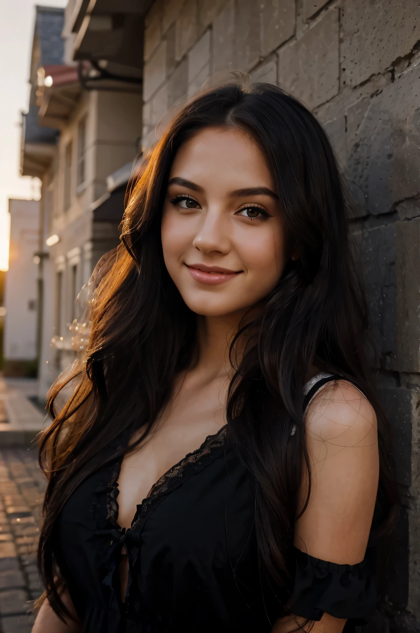 girl,facial expression,smiling,eyes,lips,beautiful,detailed,long hair,black roses,dress,fully covered,front view,sunset,backlight,realistic,pencil style

