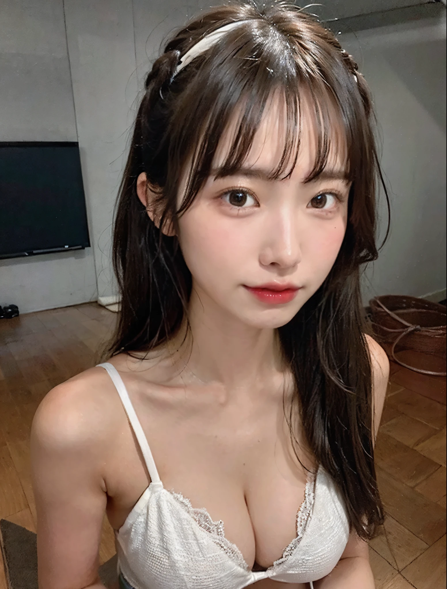 (masterpiece:1.3), (8K, photorealistic, Live shooting, Highest image quality: 1.4), Japanese high school girl、(casual hairstyle:1.2)、(big boobs)、super detail face、eye for detail、double eyelid、sharp focus:1.2、cute woman:1.4、light brown hair、highest quality、ultra high resolution、(photorealistic:1.4)、Highly detailed and professional lighting、slender、A sloppy smile、White bikini、Bikini is super micro size、gorgeous bikini model、elegant bikini、