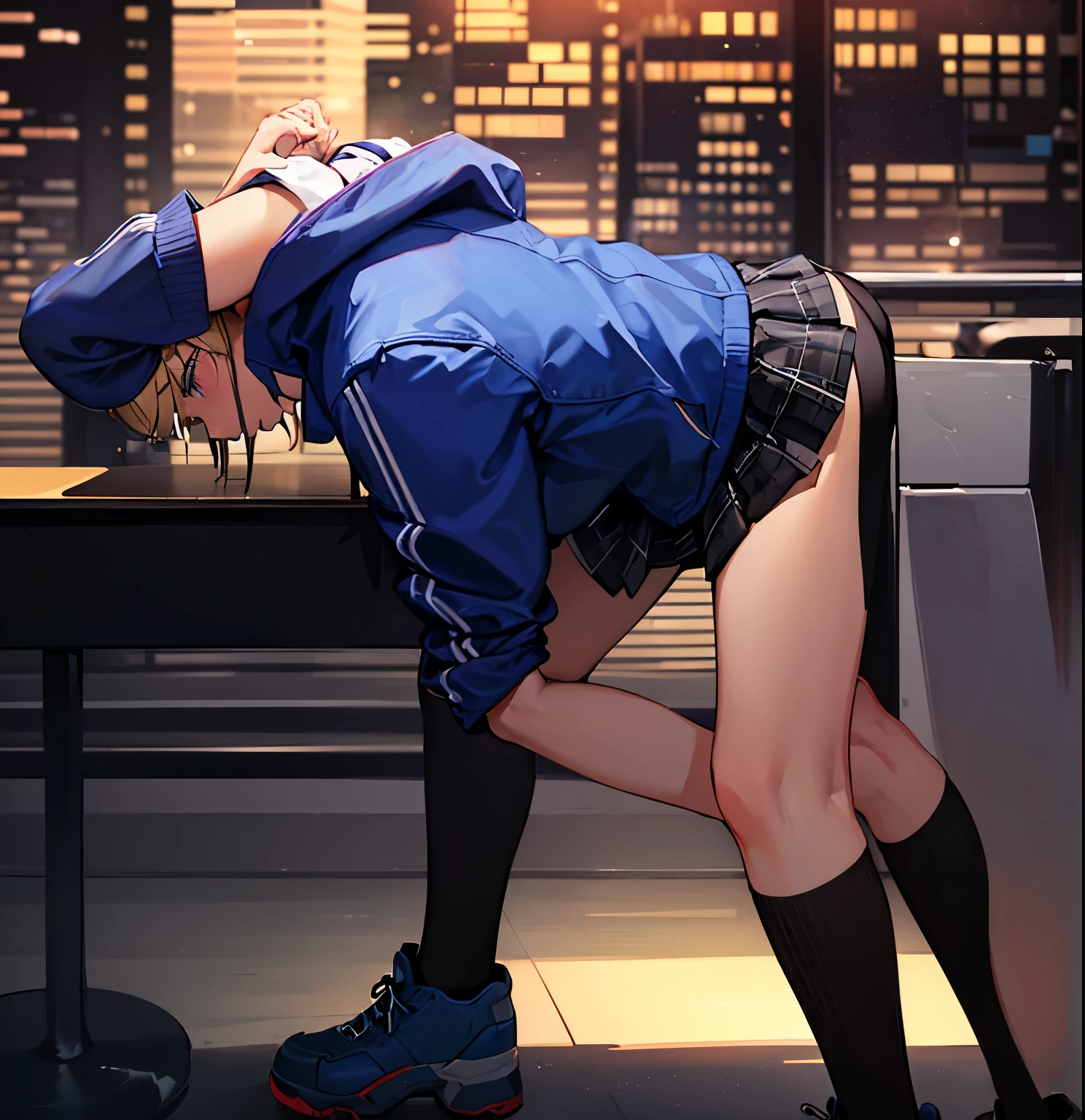 blonde，short hair，woman wearing short skirt and boots，Show your pants，blue jacket，(black one piece tight mini)，black socks，brown boots，((Sneak peek of socks))，((face down))，butt sticking out，(Prostrate)，bend your arms