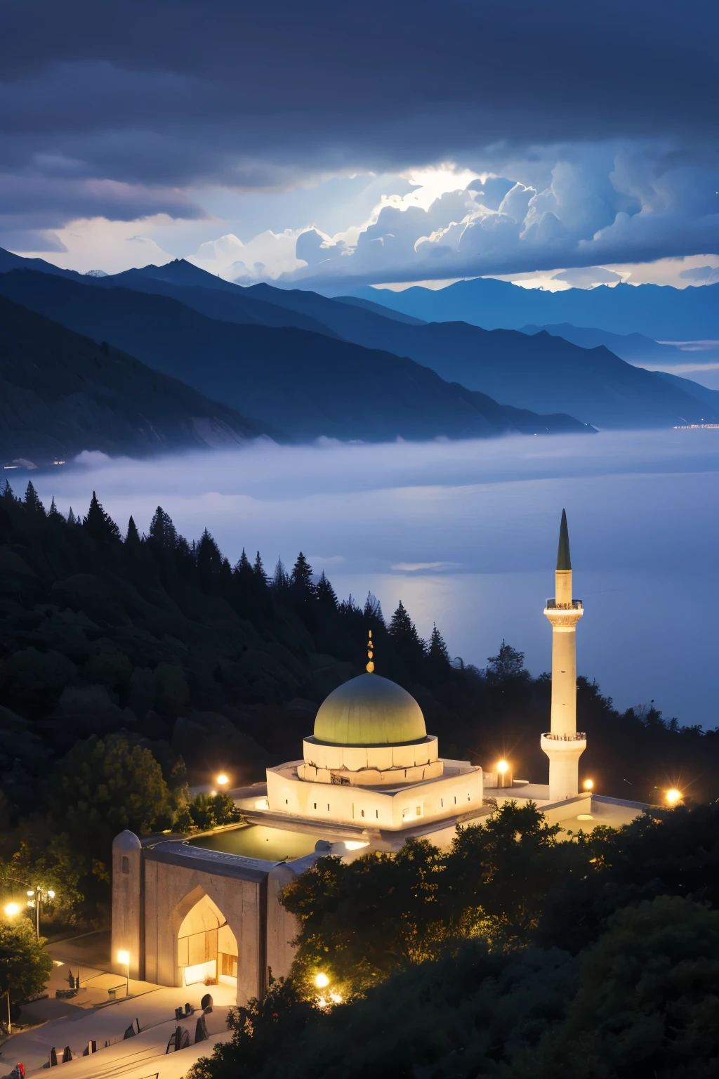  Mosque, with dark green dome, on top of mountain, thunder strom, fog, lake