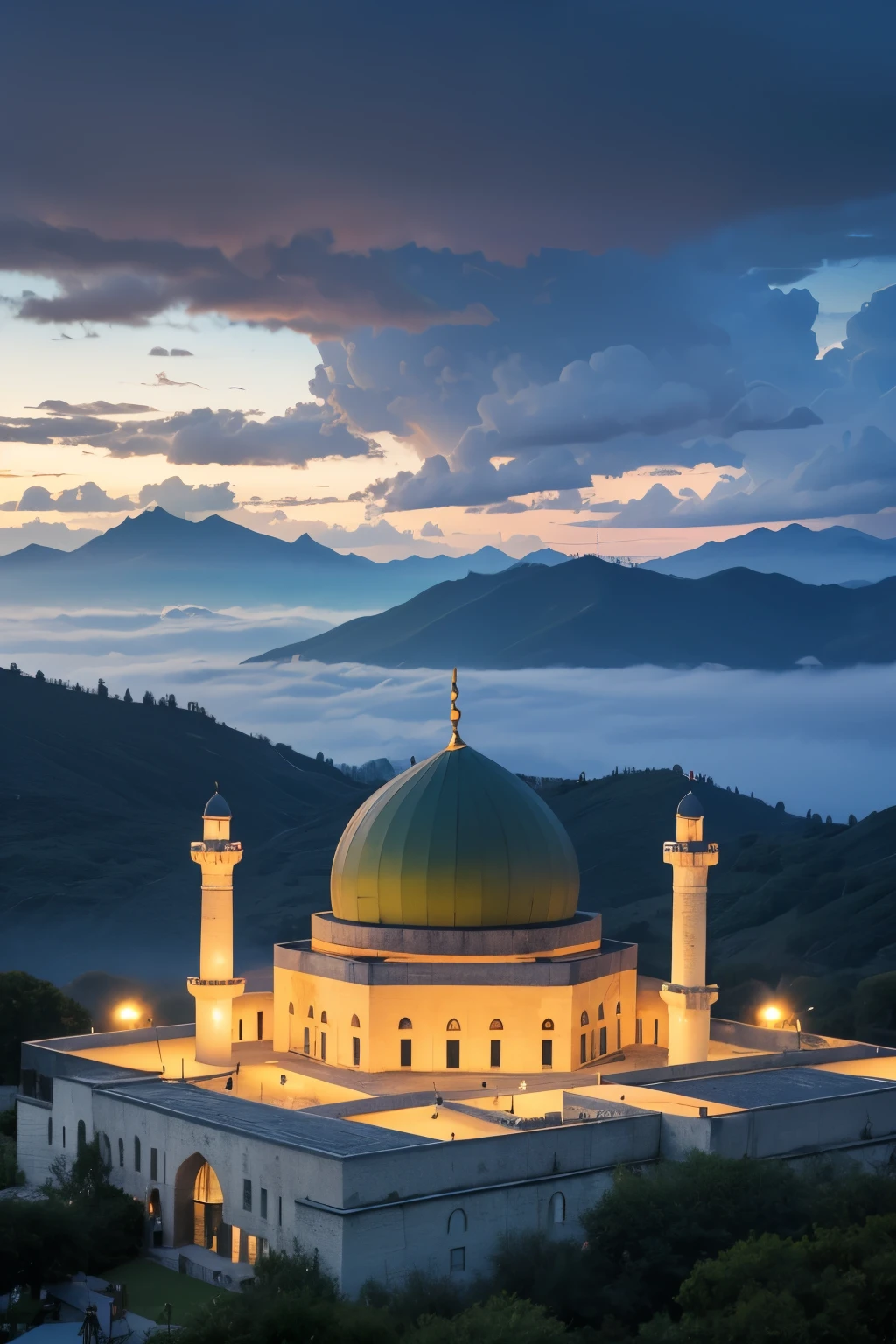  Mosque, with dark green dome, on top of mountain, thunder strom, fog, lake