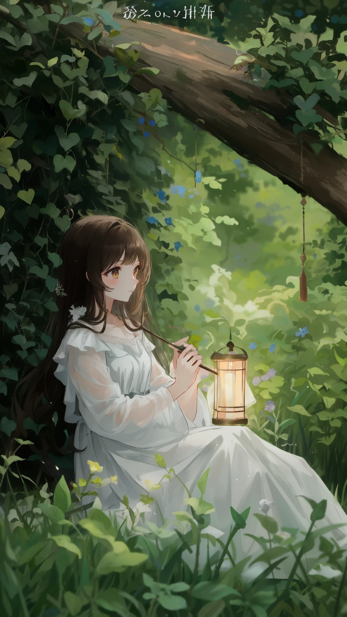 araffe girl in a white dress sitting in the grass with a birdcage, (brown long hair swept bangs:1.3), very magical and dreamy, ethereal beauty, ethereal fairytale, a stunning young ethereal figure, profile pic, ethereal and dreamy, girl under lantern, beautiful lonely girl, with ethereal light, ethereal!!!!!!!, dreamy and ethereal, very ethereal, dreamy scene, profile picture, ethereal!!!