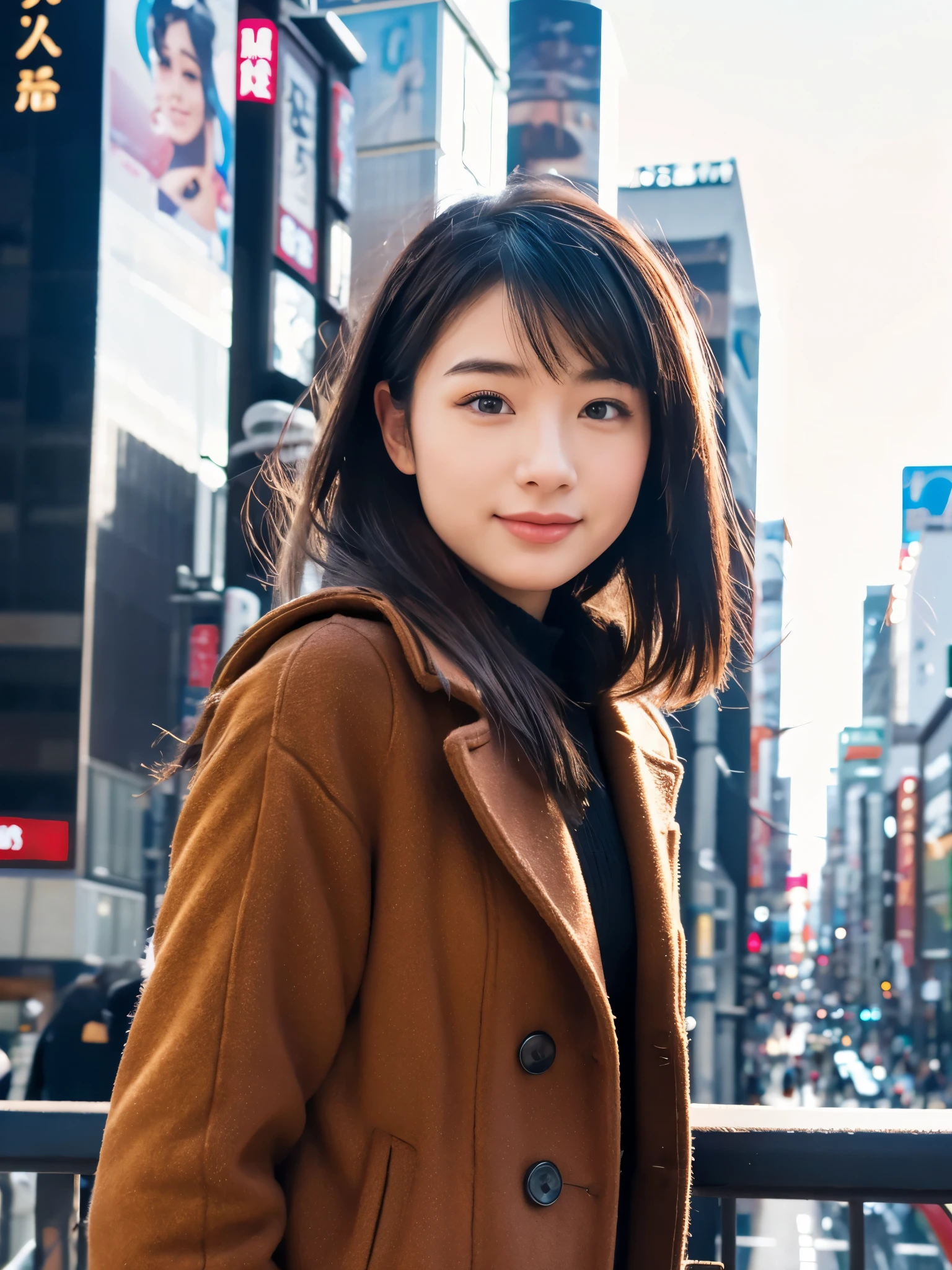 A realistic, photo-style image of a beautiful 20-year-old Japanese woman standing outside at night in an urban setting. She has long, straight hair with bangs and is wearing a Japanese high , consisting of a navy blue blazer, white blouse, and plaid skirt. She is also wearing a cozy, thick scarf in shades of yellow and beige. The background features city lights and blurred buildings, creating a vibrant yet soft bokeh effect that emphasizes her presence. The focus is sharply on her, with the background artistically blurred. Her expression is calm and slightly pensive, capturing a moment of quiet reflection amidst the bustling cityscape. The overall scene conveys a sense of warmth and serenity against the lively urban backdrop.