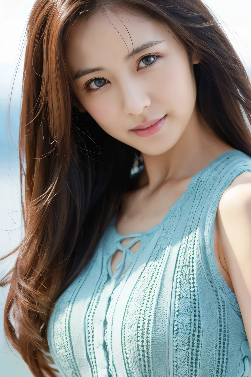 (Highly realistic photos, High resolution, detailed face, fine eyes) thin japanese woman, 40 years old, cute face, alone:1, slim figure, long wavy hair, tight knit dress, waist up pictures