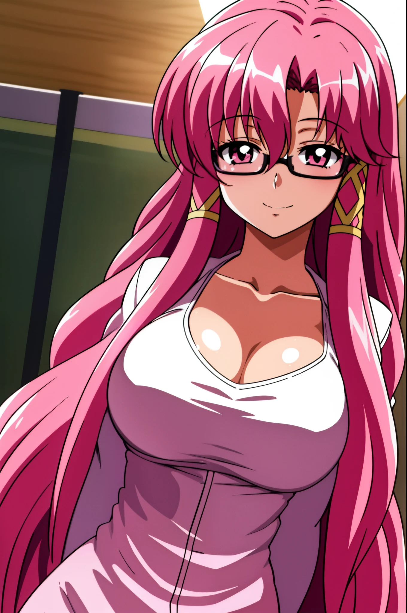 1 girl, pink haire, long haire, pink eyes, smile, sexy body, big breast, HDR, 8K, school, sexy teacher clothes, glasses, in the center of image