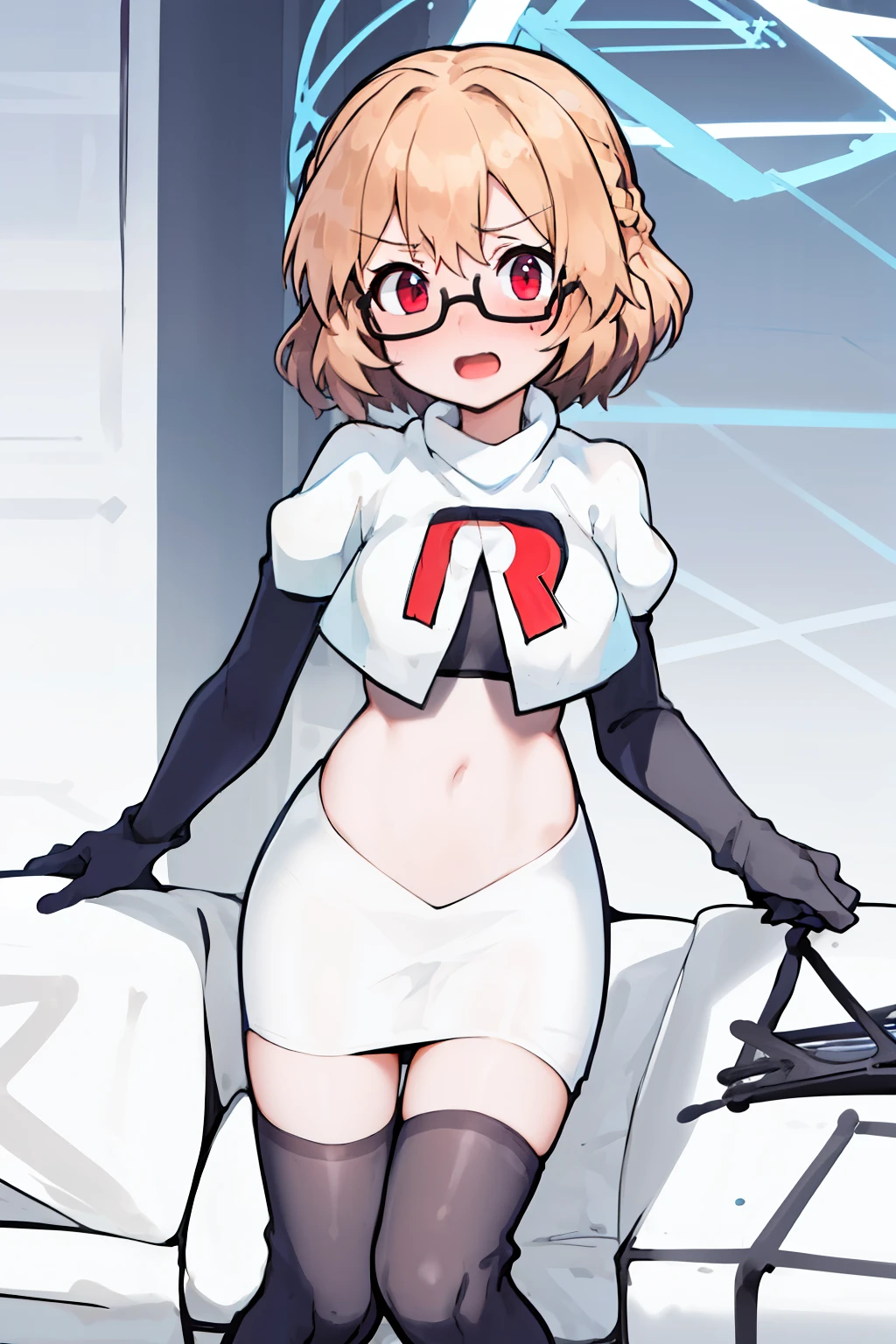 masterpiece, 1girl, kotori \(blue archive\), braid, glasses, blush, best quality, highly detailed, team rocket,team rocket uniform, red letter R, white skirt,white crop top,black thigh-highs, black elbow gloves,
