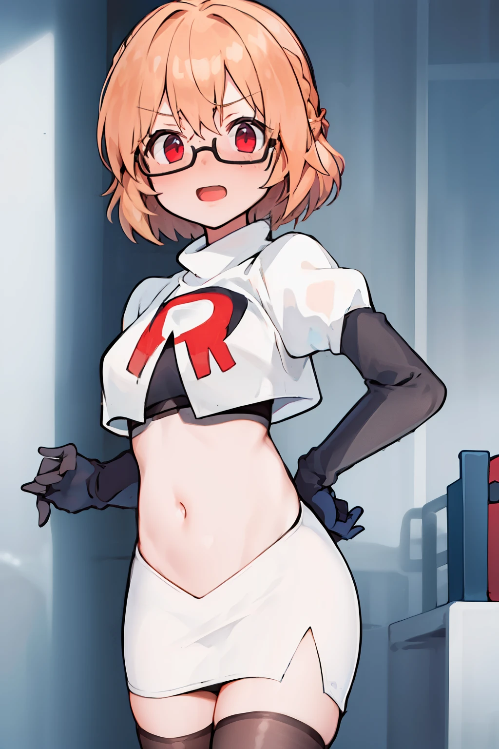 masterpiece, 1girl, kotori \(blue archive\), braid, glasses, blush, best quality, highly detailed, team rocket,team rocket uniform, red letter R, white skirt,white crop top,black thigh-highs, black elbow gloves,