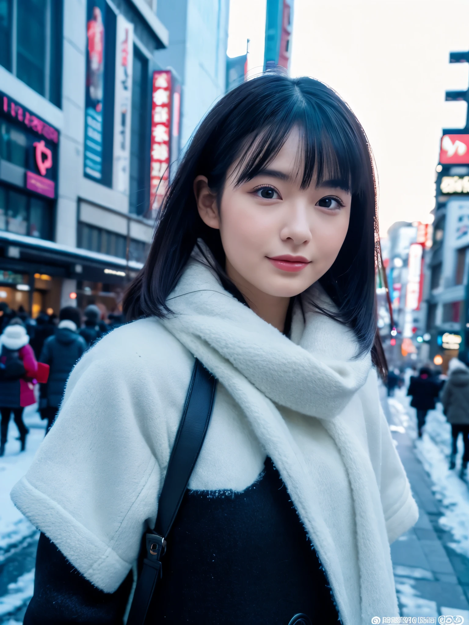 photorealistic, 8K, Full body pinup poster from head to foot, Beautiful woman, attractive look, Hair style is ponytail, 20-year-old, Tokyo, 2023, winter clothing, Shibuya in the background