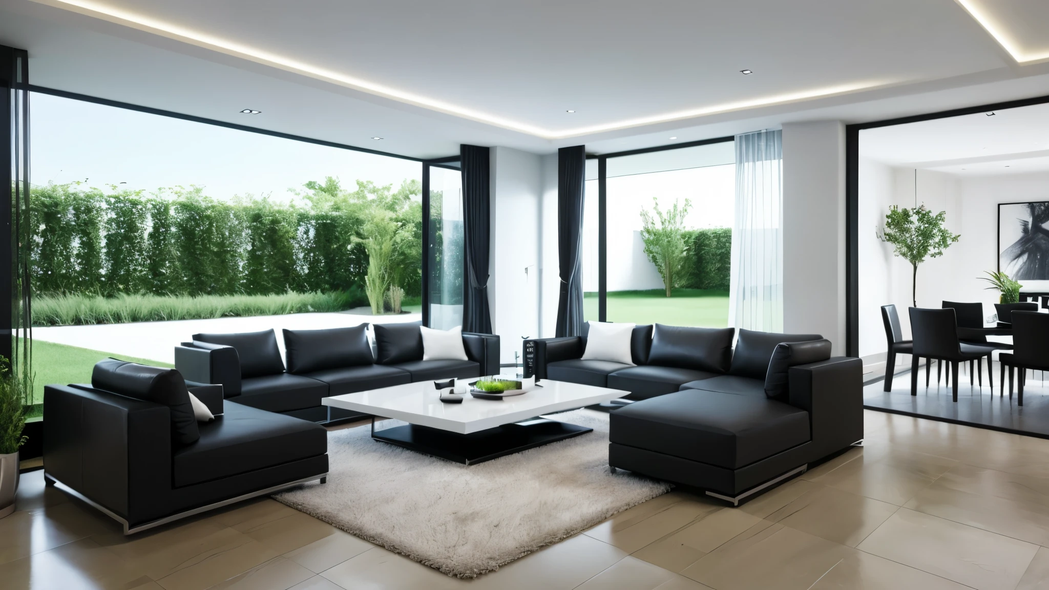 You are a famous interior designer、You have been asked to create a 3D image of a modern large room. Create a harmonious environment with modern and minimalist furniture. Including garden interior.
