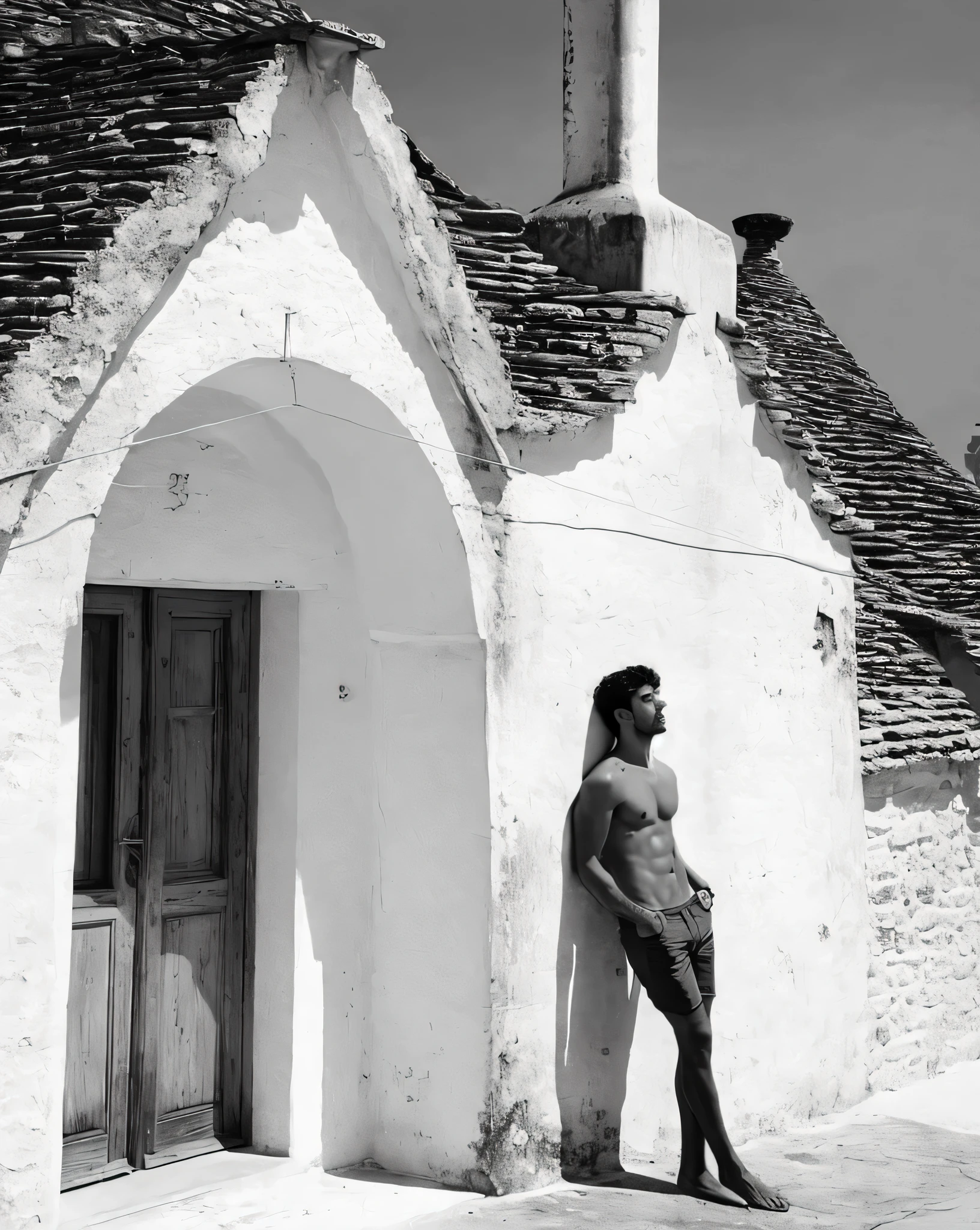 faaris azura standing in front of a white building with a chimney, handsome faaris azura posing in model shot against white wall, faaris azura, model faaris azura