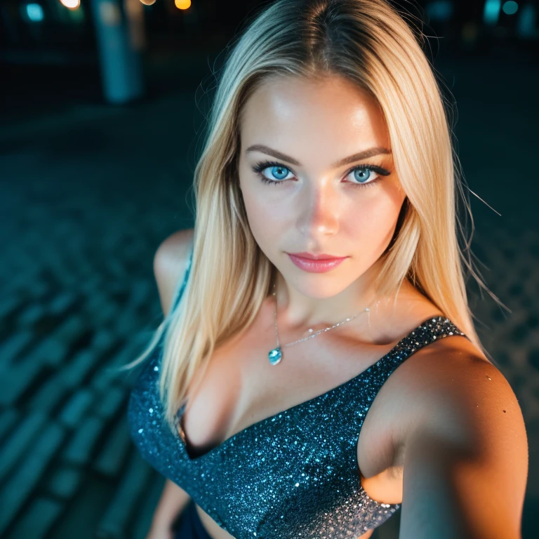(selfie, top view: 1.4), (straight half of the body: 1.4), RAW UHD portrait photo of a 24-year-old blonde (blue-eyed woman) walking down on the beach, palm trees, (skirt), (neckline), details (textures! , hair! , glitter, color!! , disadvantages: 1.1), glossy eyes with high detail (looking at the camera), SLR lighting, SLR camera, ultra-quality, sharpness, depth of field, film grain (center), Fujifilm XT3, crystal clear, frame center, beautiful face, sharp focus, street lamp, neon lighting, bokeh (dimly lit), night, (night sky), detailed skin pores, oily skin, sunburn, complex eye details, full body, large breasts