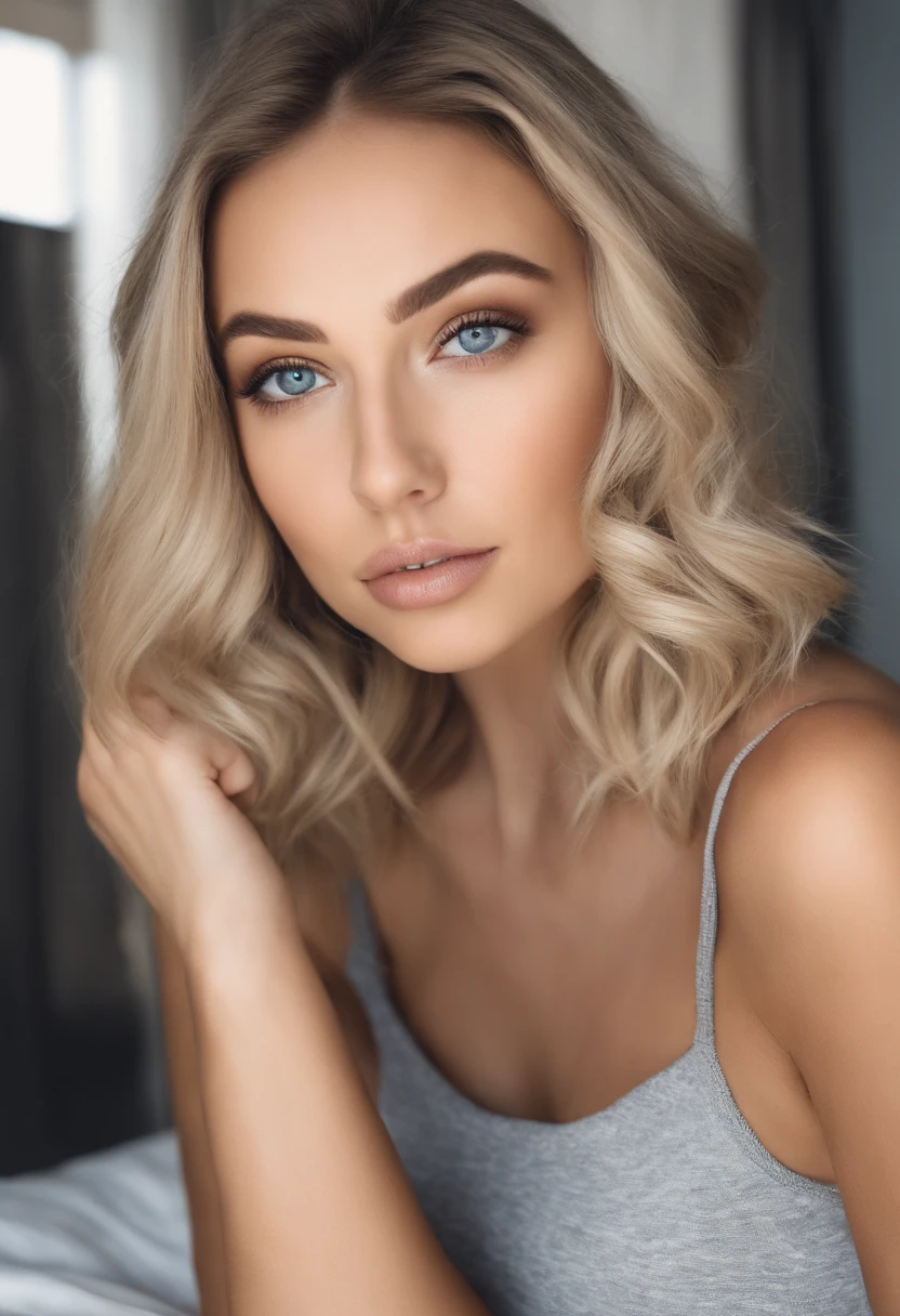 woman with matching tank top and panties, with blue eyes, portrait sophie mudd, portrait corinna kopf, blonde hair and large eyes, Selfie einer jungen Frau, Augen im Schlafzimmer, Violet Myers, ohne Make-up, Natural makeup, Blick direkt in die Kamera, Gesicht mit Artgram, dezentes Make-up, Stunning full body shot, im Schlafzimmer, Spaltung