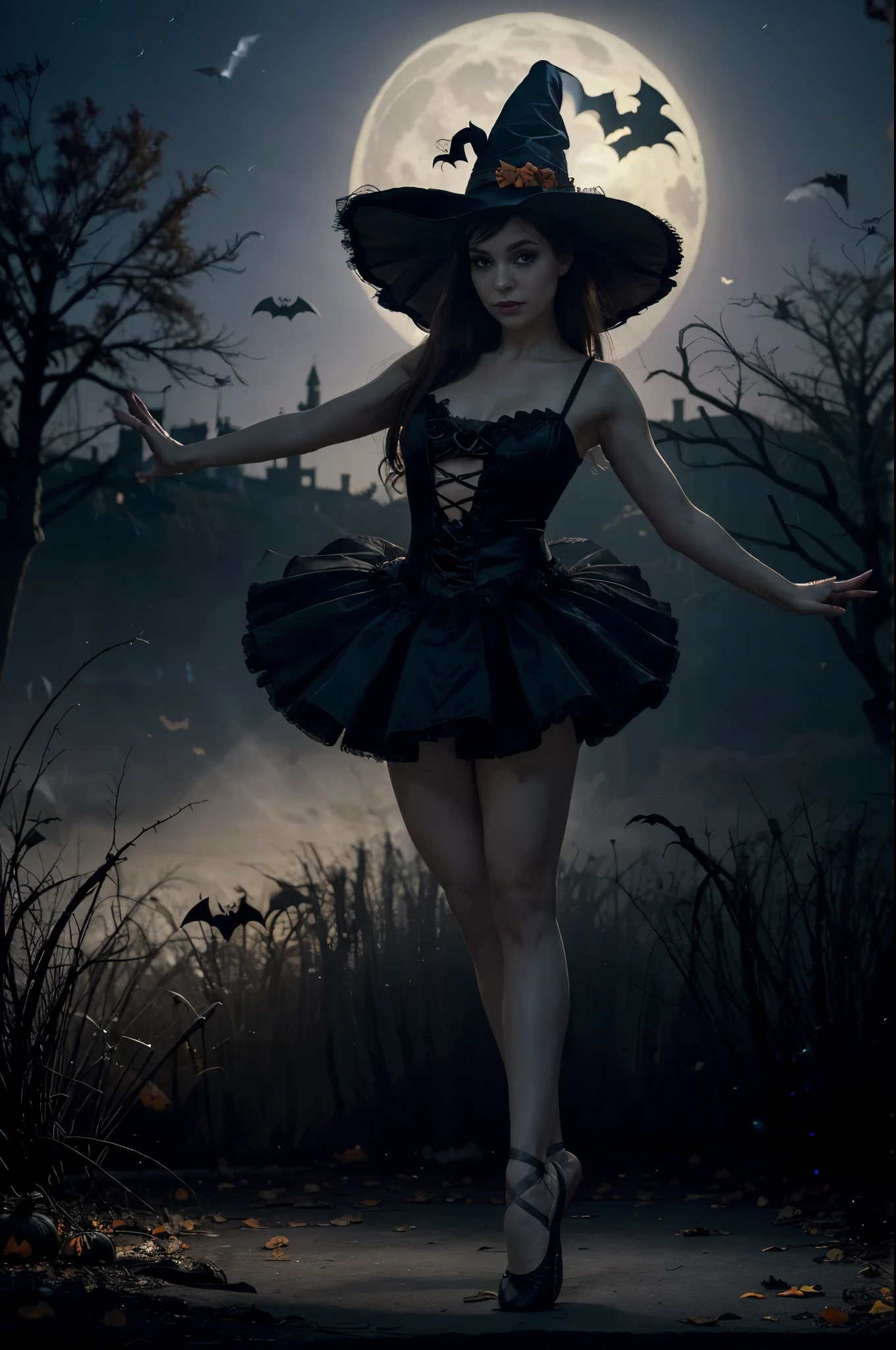 halloween theme,A plump ballerina,Wear a Halloween costume,ballet slippers,Vivid colors,Light jump,wings,A calm and delicate posture,Mesmerizing pointe technique,Delicate and precise footwork,Exquisite balance and control.Witch hat,Spooky makeup,background inside dark,Boers and bats,hauntingly beautiful,nighttime scene,Fallen leaves,pumpkin lantern,Terrible truth,Enchanting moonshine,Haunted mansion silhouette.((Best quality,Masterpiece:1.2,photo-realistic:1.37,Halloween:1.2)), full face
