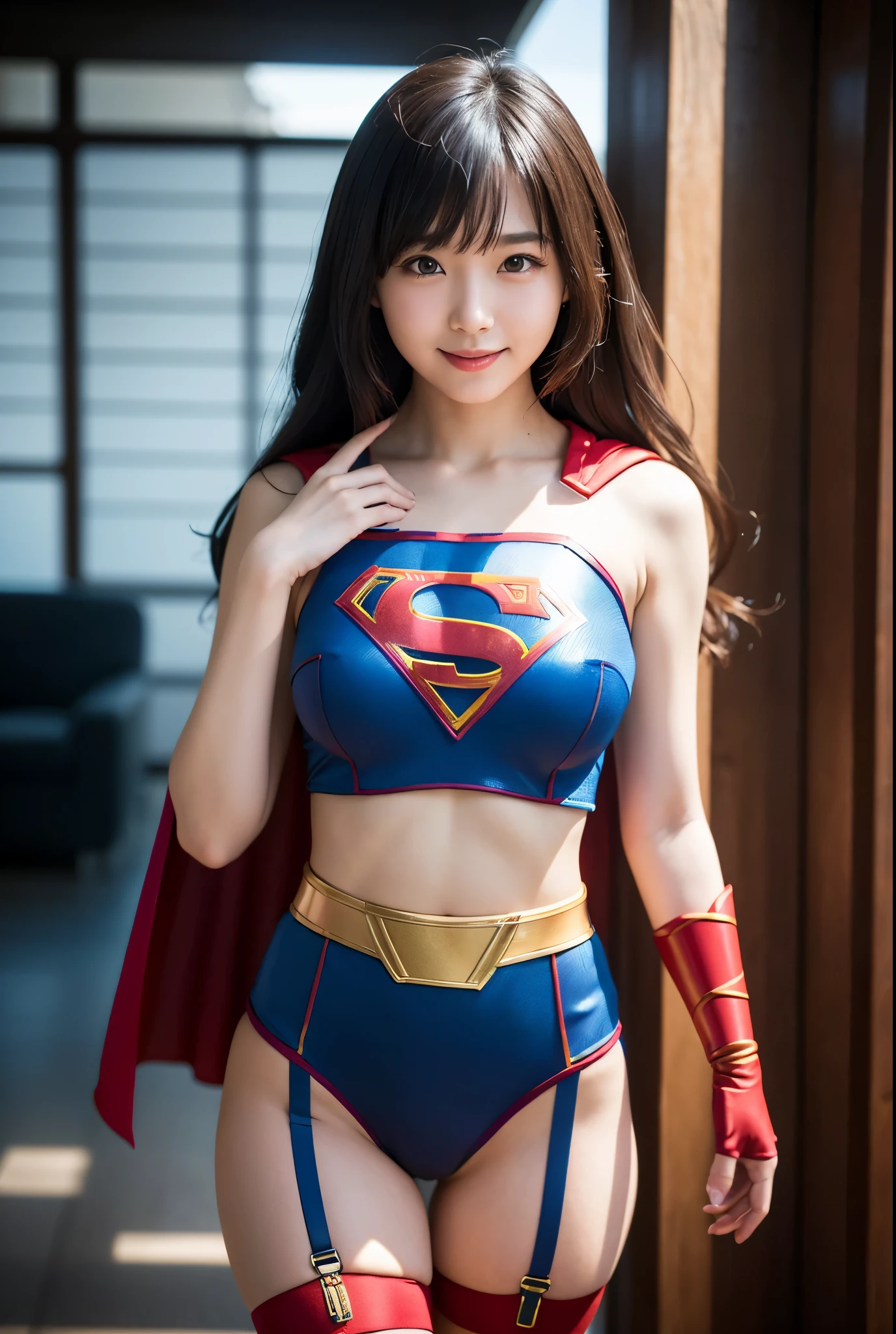 adorable, japanese girl, 17 years old, (Supergirl costumes:1.2),shortcut、Plump thighs, big breasts、Chirarism、Thin belly、abs、smile、garter belt、Jumping figure(非常にbe familiar withな肌), (highest quality:1.0), (realistic:1.0), (8K, RAW photo:1.1), (8k非常にbe familiar withなCGユニットの壁紙), (highest quality), (best illustrations), (best shadow), (be familiar with: 1.4), 3D, HDR (high dynamic range), ray tracing, NVIDIA RTX, super resolution, Scattered beneath the surface, PBR texture, Post-processing, anisotropic filtering, written boundary depth, maximum sharpness and acutance, multilayer texture, Albedo and highlight mapping, surface shading, Accurate simulation of light-matter interactions, perfect proportions, octane rendering, surreal、Photographed with Canon EOS R5、50mm lens、f / 2.8