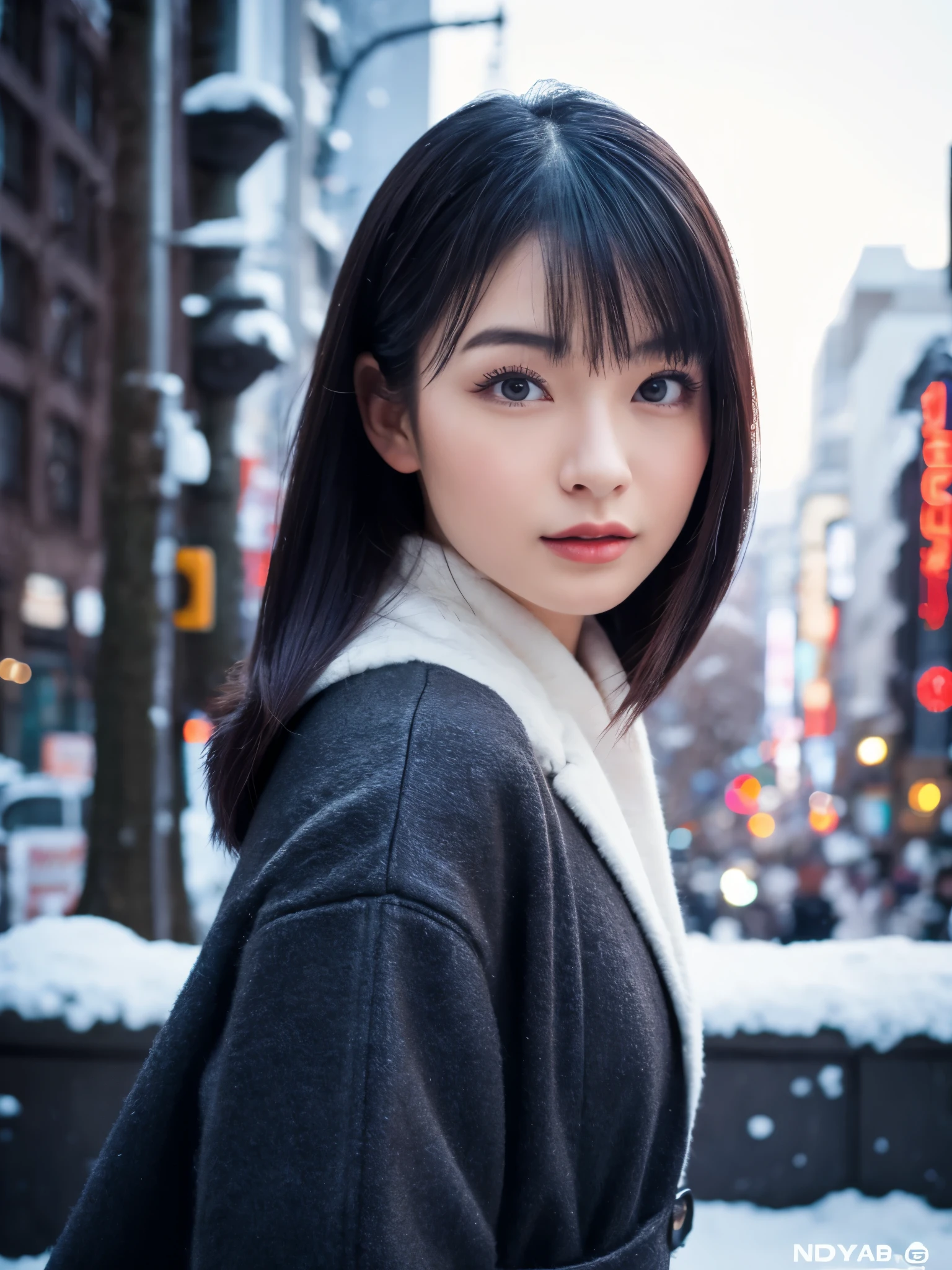 photorealistic, 8K, Full body pinup poster from head to foot, Beautiful woman, attractive look, Hair style is ponytail, 20-year-old, Tokyo, 2023, winter clothing, Shibuya in the background