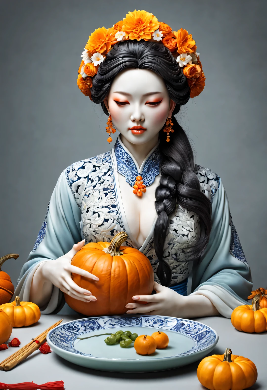 (A cute girl sculpture carved from a pumpkin on a large plate on the dining table:1.1),(whole body),Beautiful long-haired girl,RococoStyle,Retro court dress,16k,orange,console, and honest,Super complex craftsmanship and details,With auspicious patterns、Rich and diverse decorative themes such as flowers and birdoa sorte, longevity, wealth and honor、Boa sorte and peace,Exquisite and complex content,embody magnificence,background:Chinese porcelain plate,Dinner plate,Chopsticks,spooning,knife and fork, Fruit carving,food engraving,Three-dimensional engraving,scenography, Design close-up, rotating, RococoStyle, classicism, chiaroscuro, depth of field, ultra high definition, masterpiece, precise, Super details, high detail, high quality, Award-winning, best quality, high resolution, 16k,
