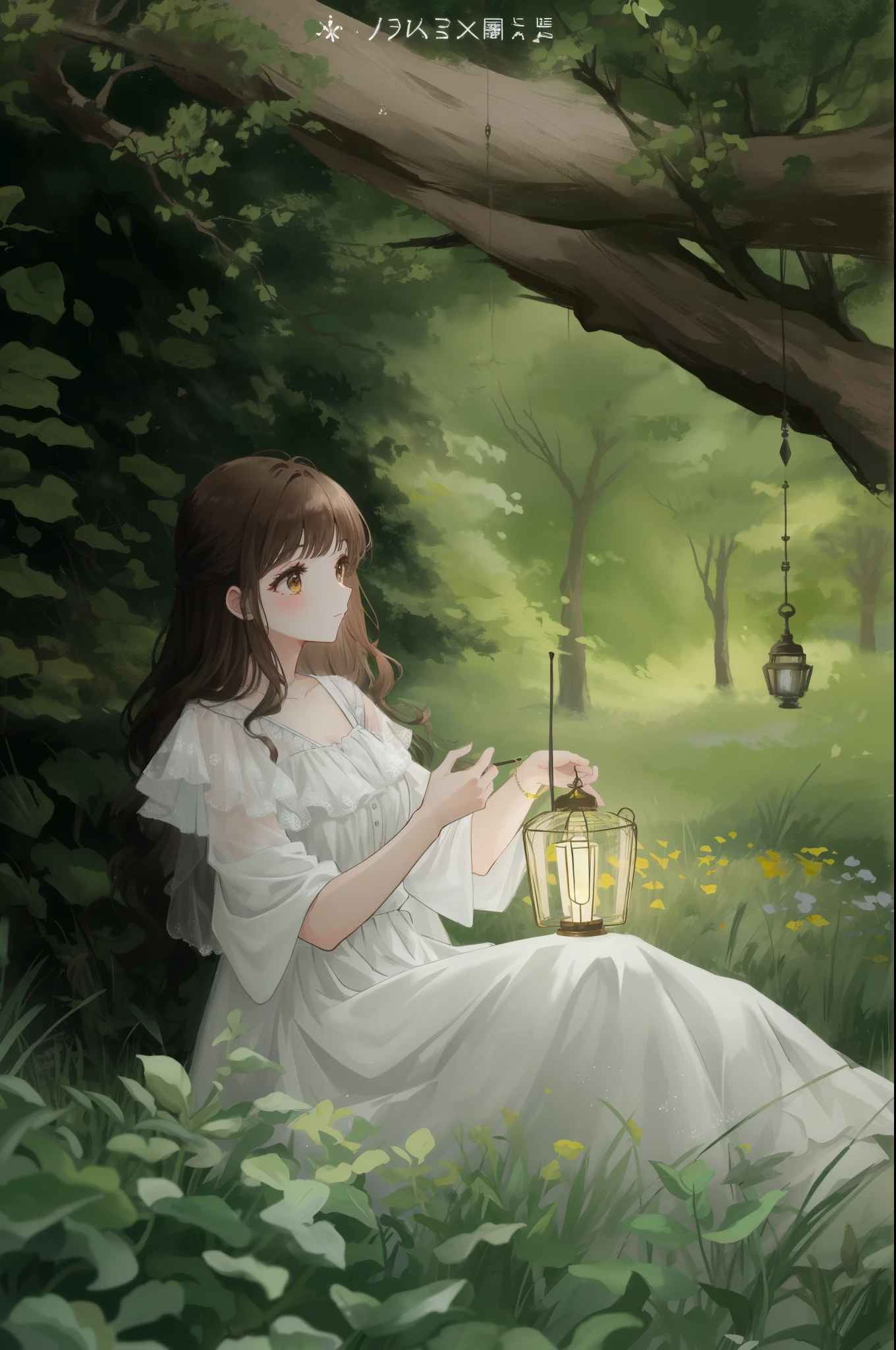 araffe girl in a white dress sitting in the grass with a birdcage, (brown long hair swept bangs:1.3), very magical and dreamy, ethereal beauty, ethereal fairytale, a stunning young ethereal figure, profile pic, ethereal and dreamy, girl under lantern, beautiful lonely girl, with ethereal light, ethereal!!!!!!!, dreamy and ethereal, very ethereal, dreamy scene, profile picture, ethereal!!!