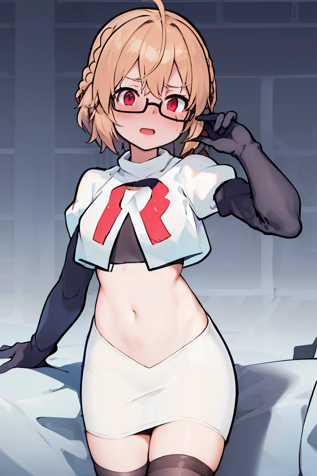 masterpiece, 1girl, kotori \(blue archive\), braid, glasses, blush, best quality, highly detailed, team rocket,team rocket uniform, red letter R, white skirt,white crop top,black thigh-highs, black elbow gloves,