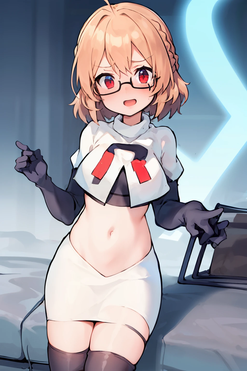 masterpiece, 1girl, kotori \(blue archive\), braid, glasses, blush, best quality, highly detailed, team rocket,team rocket uniform, red letter R, white skirt,white crop top,black thigh-highs, black elbow gloves,