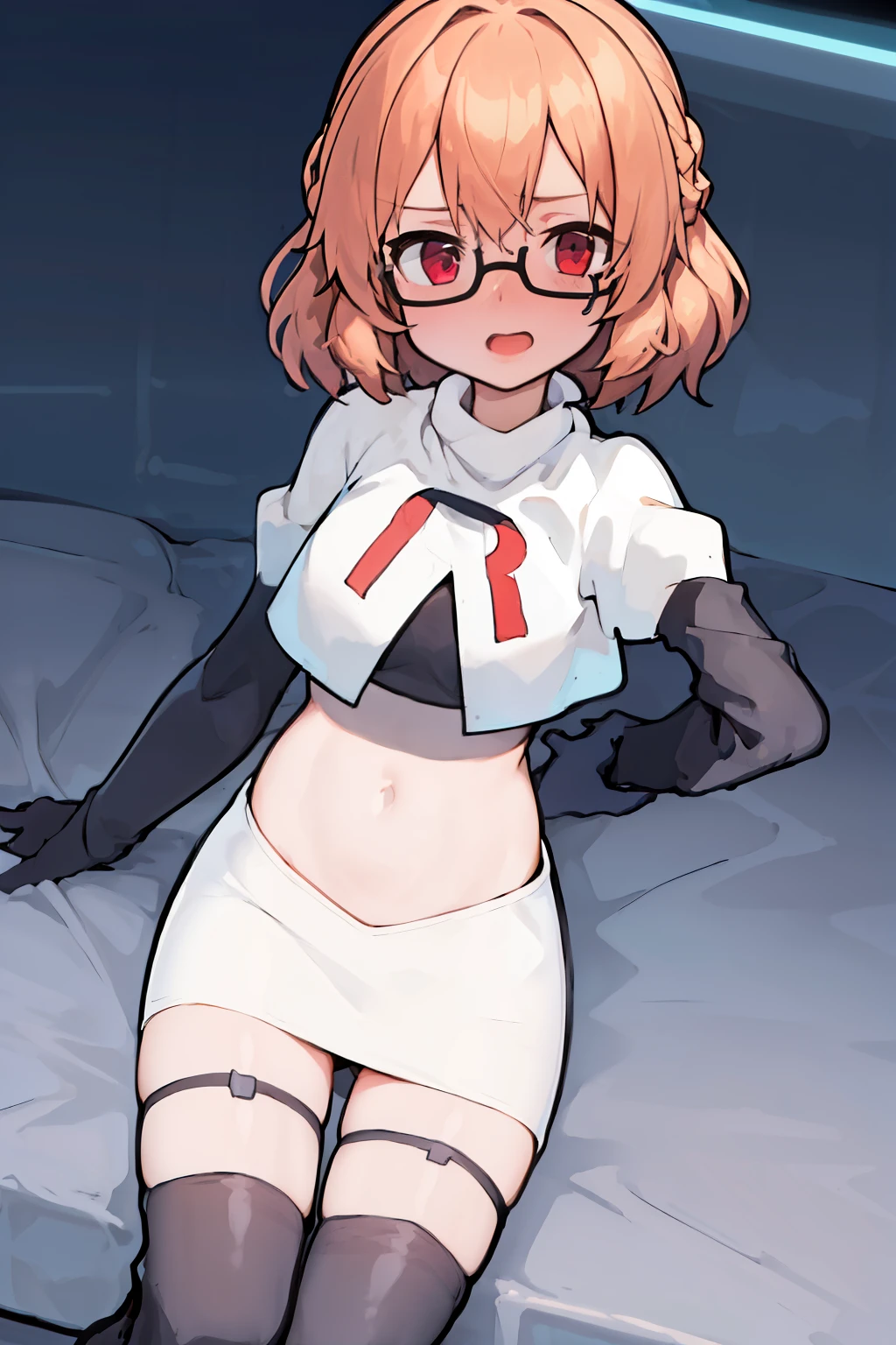 masterpiece, 1girl, kotori \(blue archive\), braid, glasses, blush, best quality, highly detailed, team rocket,team rocket uniform, red letter R, white skirt,white crop top,black thigh-highs, black elbow gloves,