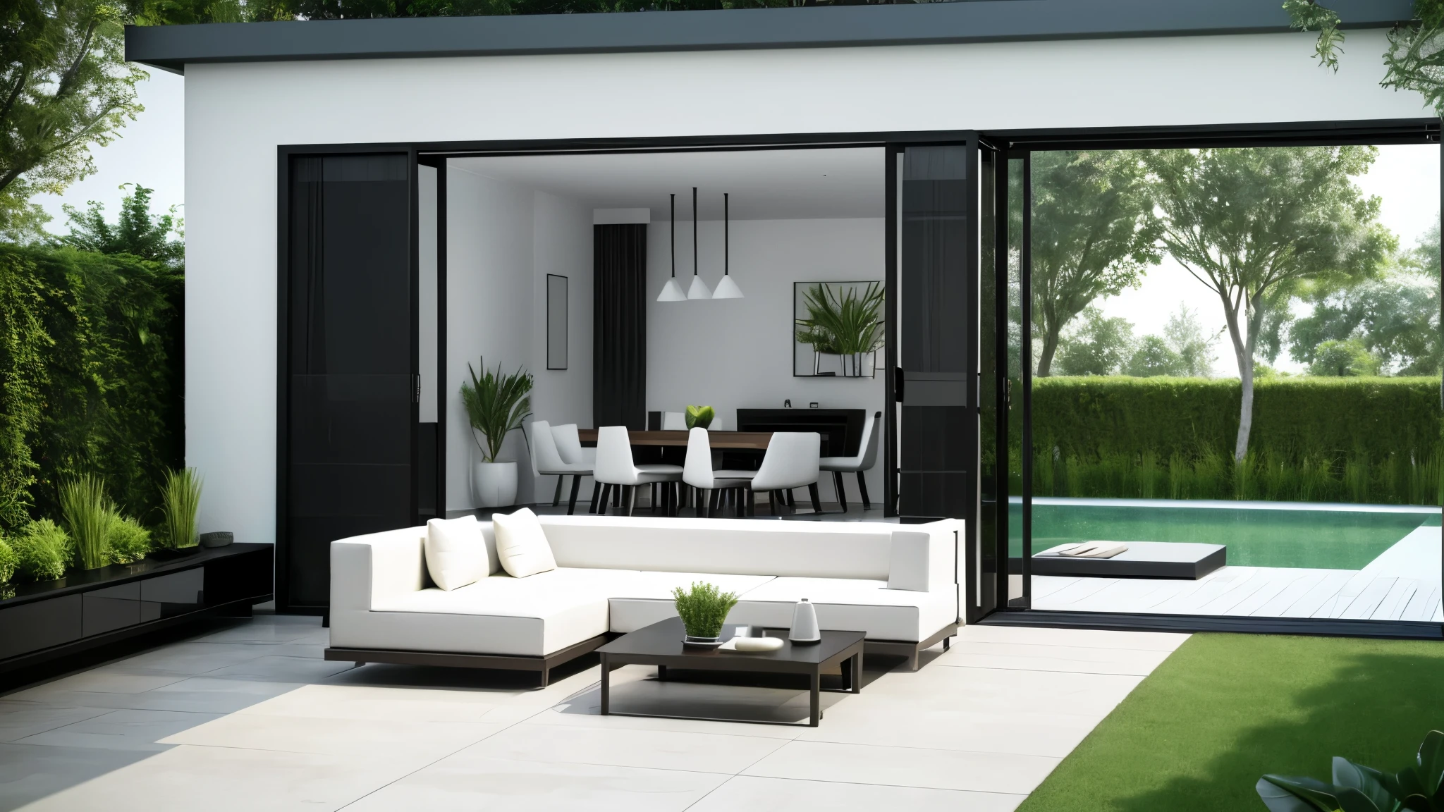 You are a famous interior designer、You have been asked to create a 3D image of a modern large room. Create a harmonious environment with modern and minimalist furniture. Including garden interior.
