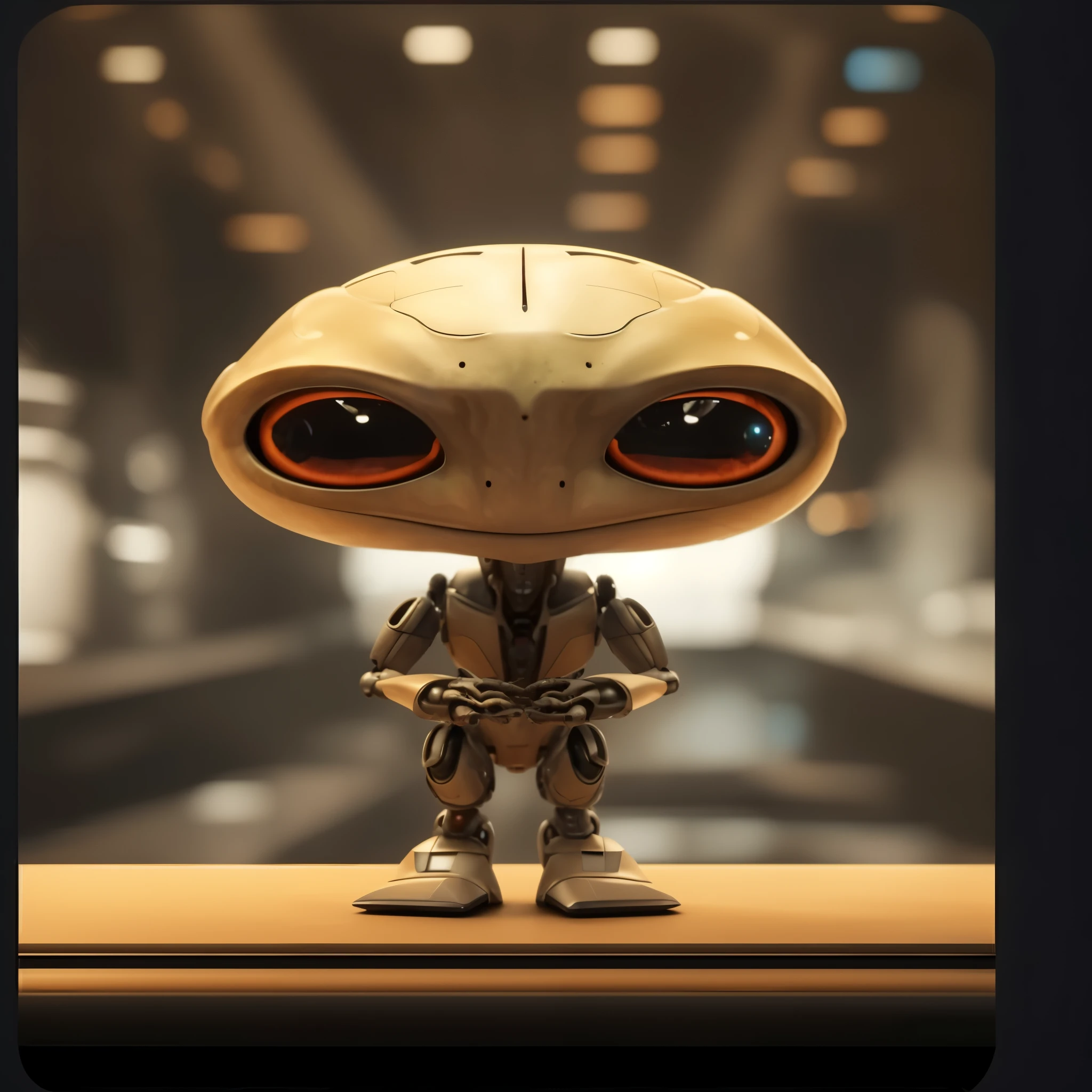 a close up of a small robot with big eyes on a table, small character. unreal engine 5, alien looking, realistic alien, cute 3 d render, alien like, scifi character, humanoid character, cgsociety - w 1 0 2 4 - n 8 - i, art alien, an alien, a hyper-detailed alien, portrait of a humanoid alien