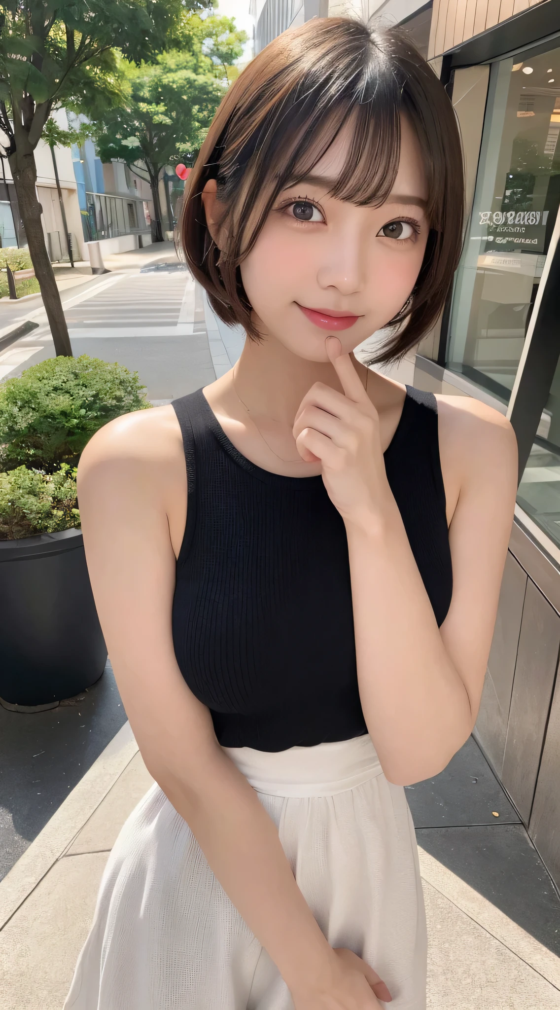 table top, highest quality, shape, Super detailed, finely, High resolution, 8k wallpaper, 完璧なダイナミックな構shape, beautiful and detailed eyes, Women' fashion,very short hair,small breasts natural color lip, bold sexy pose,smile,Harajuku、20 year old girl、cute、sexy shot looking at camera