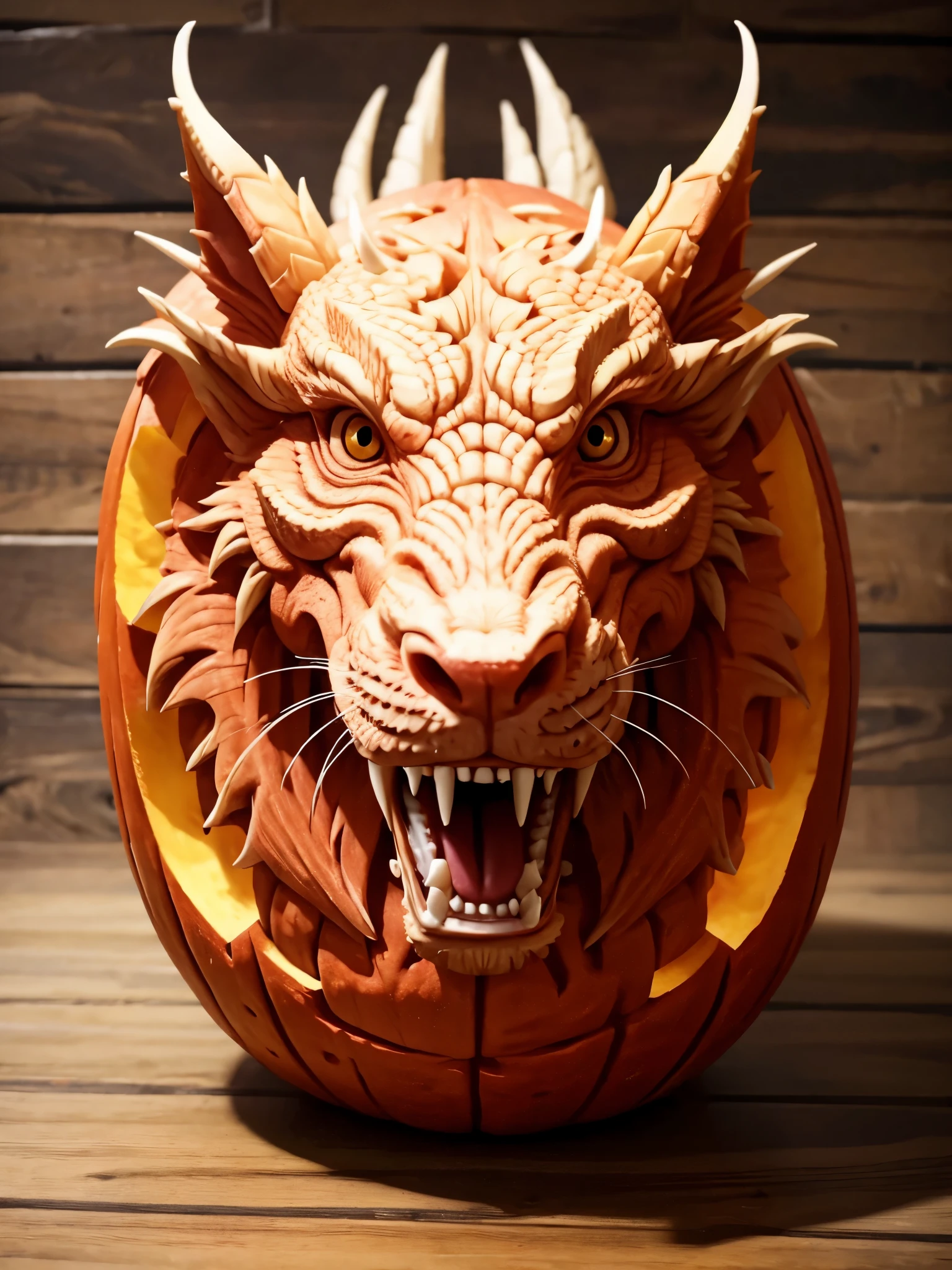 best quality, ultra-detailed, photorealistic,3D rendering, pumpkin carving, dragon carving