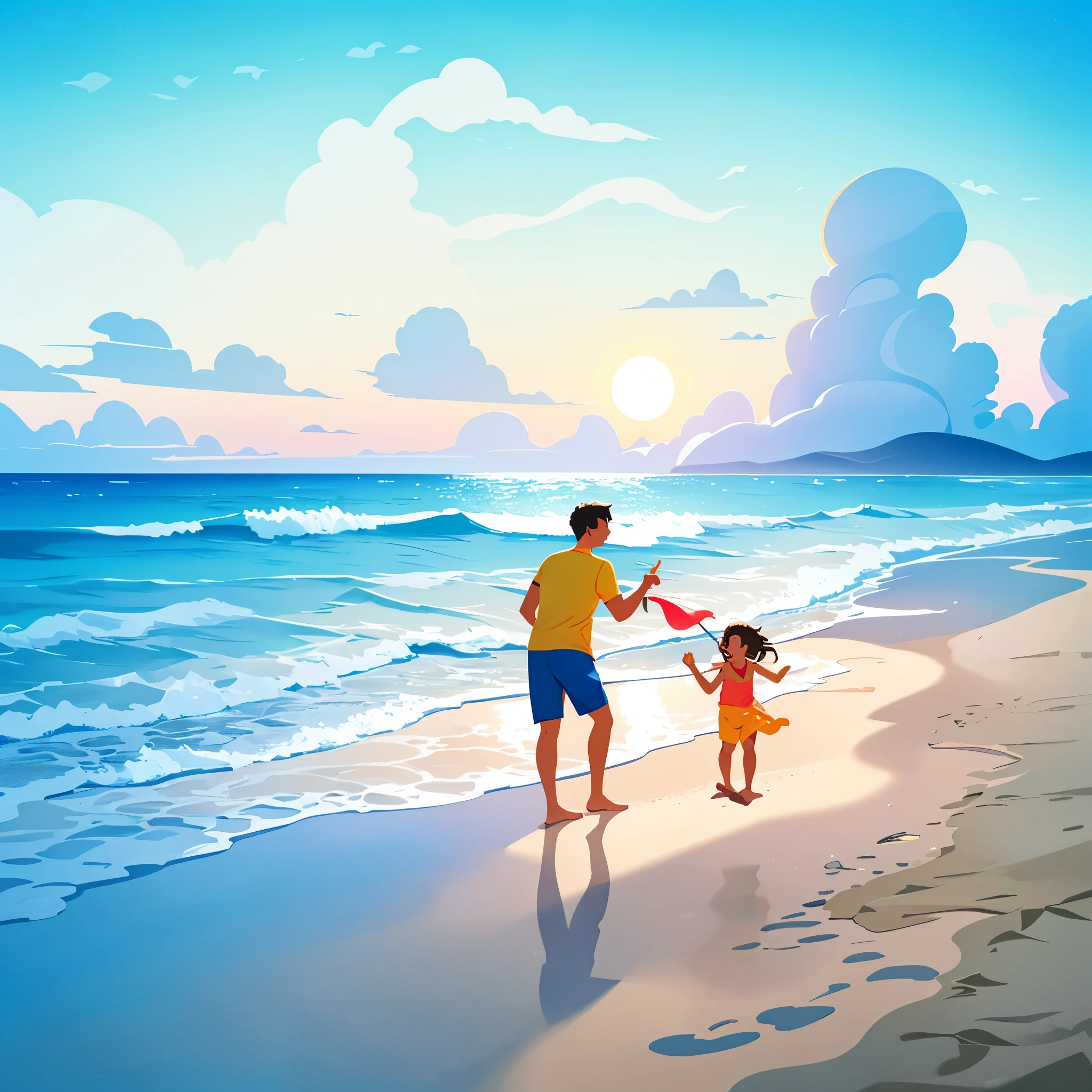 father,mother,their kid playing in the beach, sandy beach, turquoise water, gentle waves,lively atmosphere,colorful beach umbrellas,warm sunlight,playful seagulls,soft ocean breeze,(best quality,4k,8k,highres,masterpiece:1.2),ultra-detailed,(realistic,photorealistic,photo-realistic:1.37),HDR,UHD,studio lighting,professional,vivid colors,bokeh,surrounded by coconut trees,children building sandcastles,parents enjoying the view,relaxing beach chairs,swimming in the crystal-clear water,beach volleyball game,laughter and joy,blue summer sky,playful child splashing in the waves,seashells scattered on the sand,cool drink in hand,footprints in the sand,sun-kissed skin,joyful family moments,cotton candy clouds over the horizon,warm golden sand between bare feet,flip-flops lying on the beach blanket,father's broad smile,mother's glowing happiness,child's contagious laughter,endless ocean horizon.