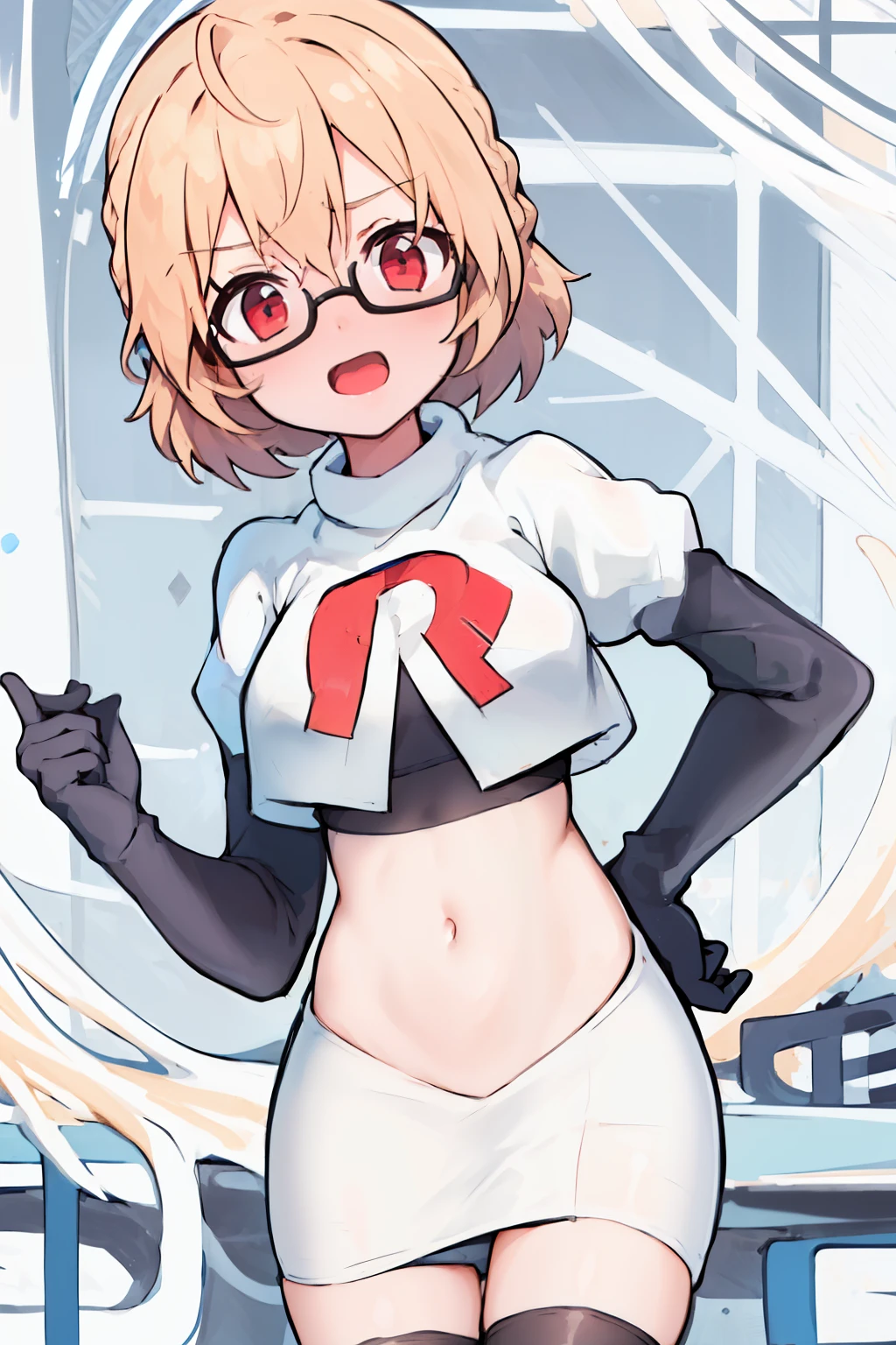 masterpiece, 1girl, kotori \(blue archive\), braid, glasses, blush, best quality, highly detailed, team rocket,team rocket uniform, red letter R, white skirt,white crop top,black thigh-highs, black elbow gloves,