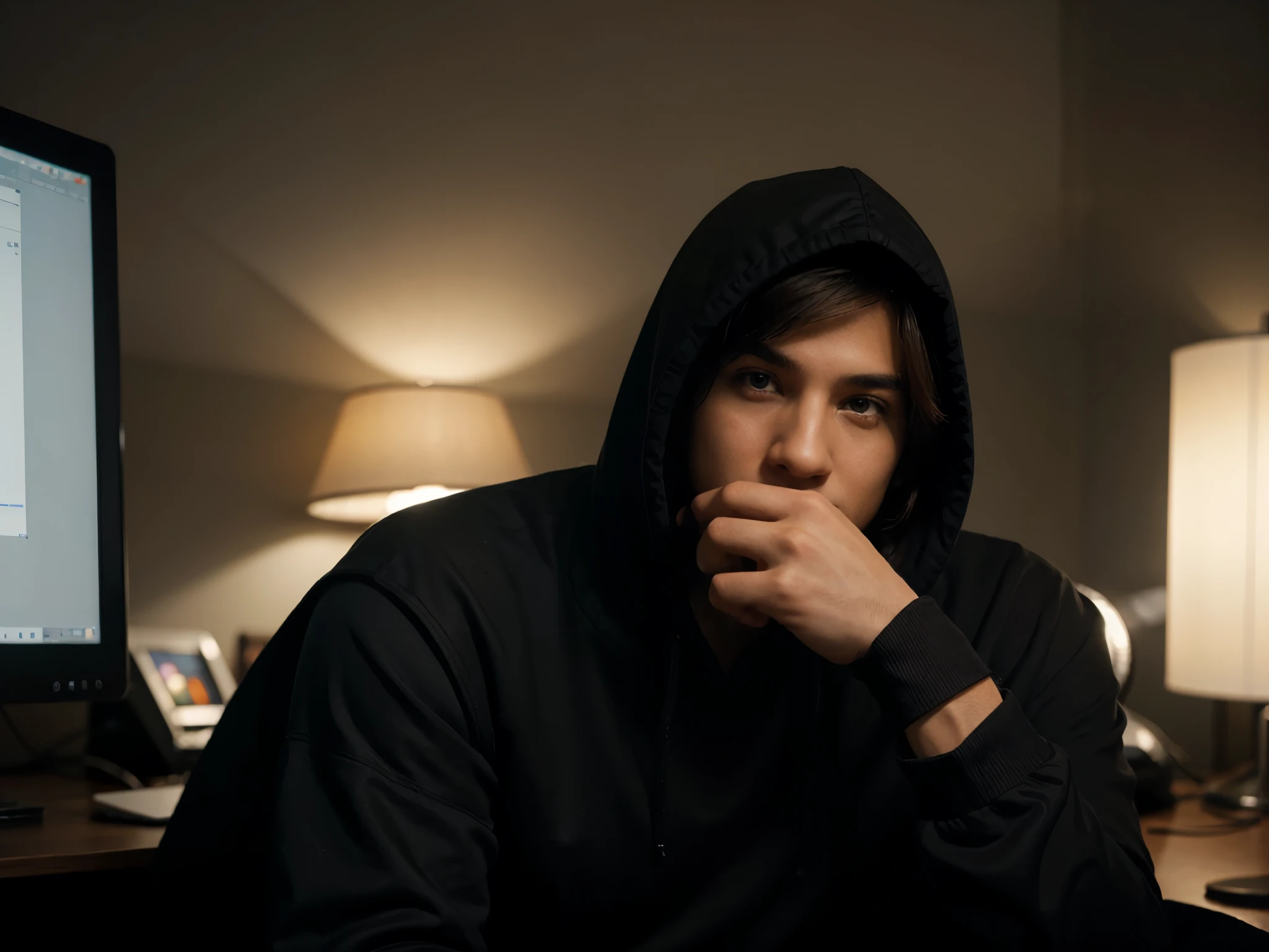A man with a cape, sitting infront of computer, backlight lighting, 35mm, bokeh, hand covering mouth. Black outfit, Hoodie cover top face,