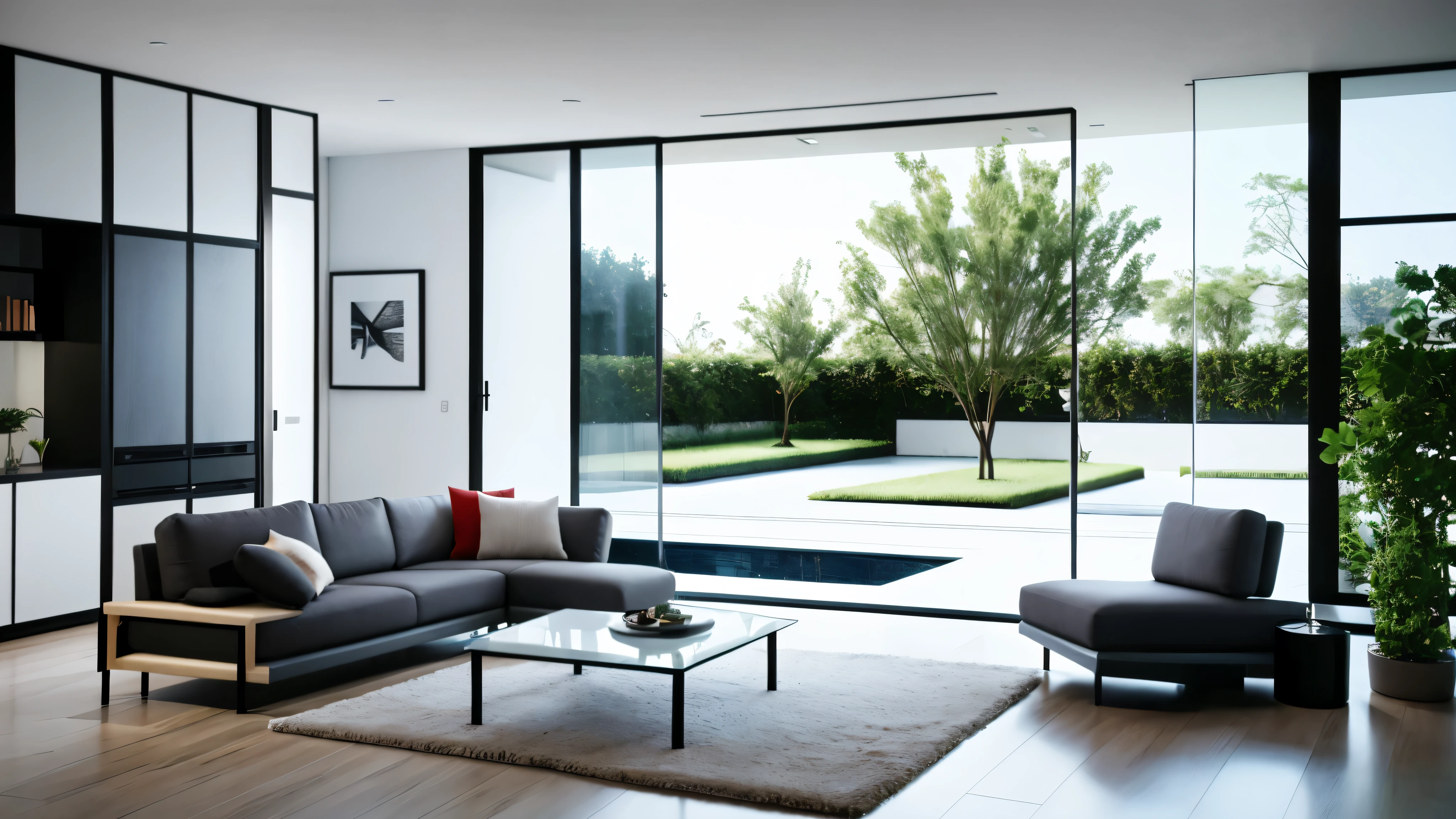 You are a famous interior designer、You have been asked to create a 3D image of a modern large room. Create a harmonious environment with modern and minimalist furniture. Including garden interior.