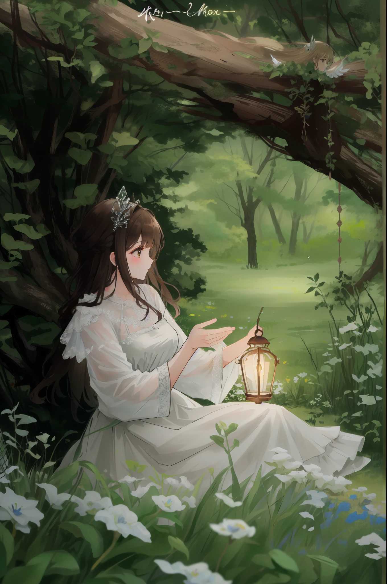 araffe girl in a white dress sitting in the grass with a birdcage, (brown long hair swept bangs:1.3), very magical and dreamy, ethereal beauty, ethereal fairytale, a stunning young ethereal figure, profile pic, ethereal and dreamy, girl under lantern, beautiful lonely girl, with ethereal light, ethereal!!!!!!!, dreamy and ethereal, very ethereal, dreamy scene, profile picture, ethereal!!!