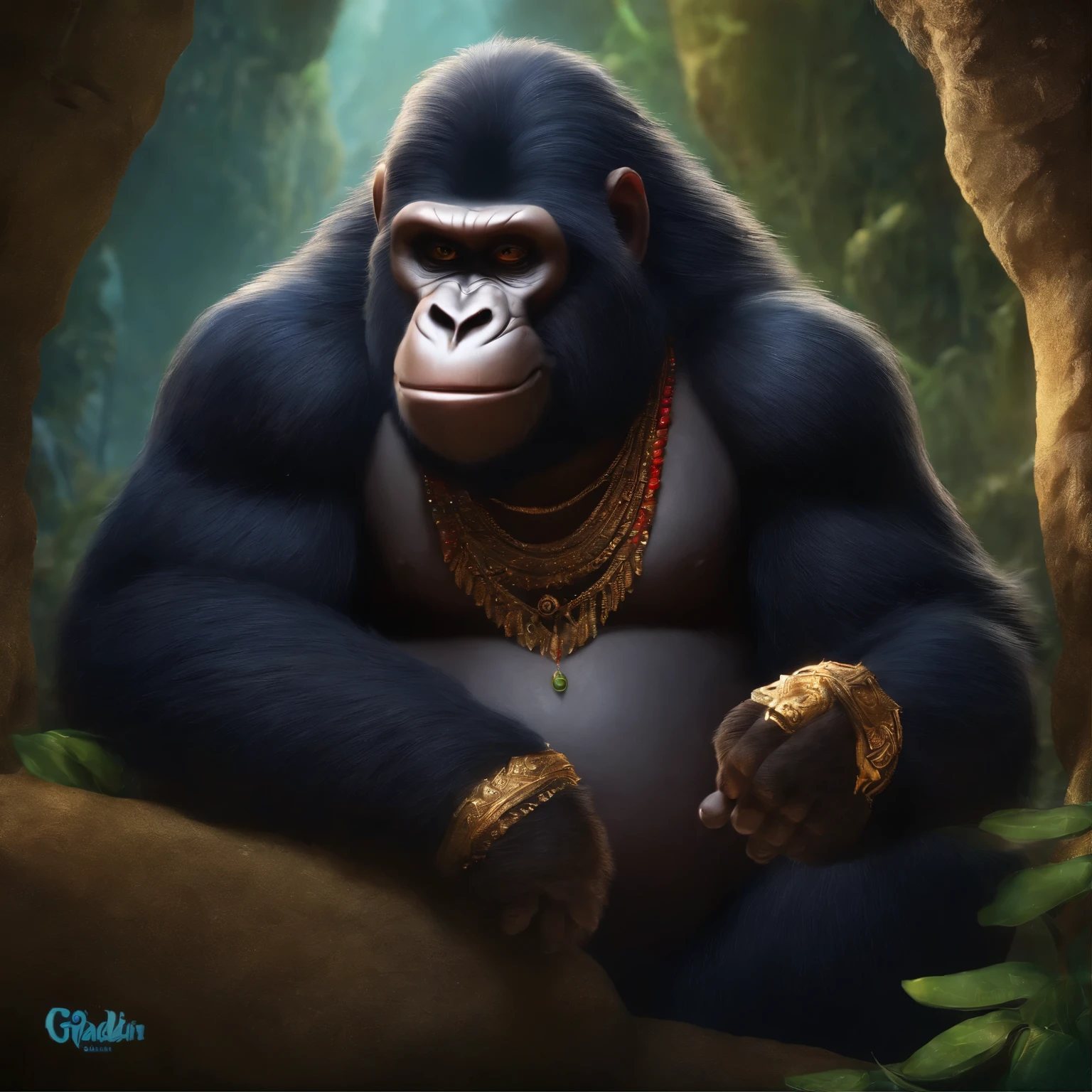 In the cave,Small male goblins, Abbu the monkey from the animated series Aladdin, gorilla, huge scary gorilla