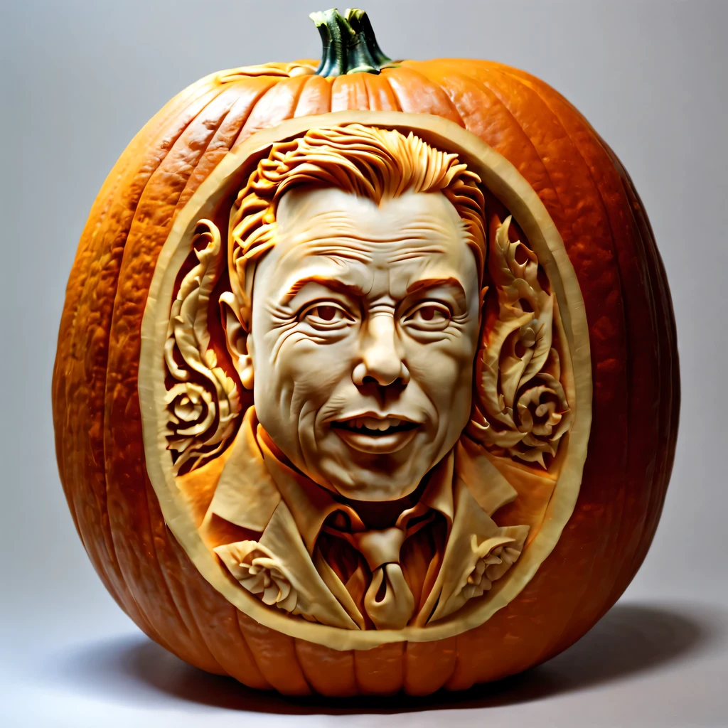 Pumpkin carving, elon musk, Pumpkin carving art, carving, hyperrealistic, Super detailed, very detailed, jewelry cutting